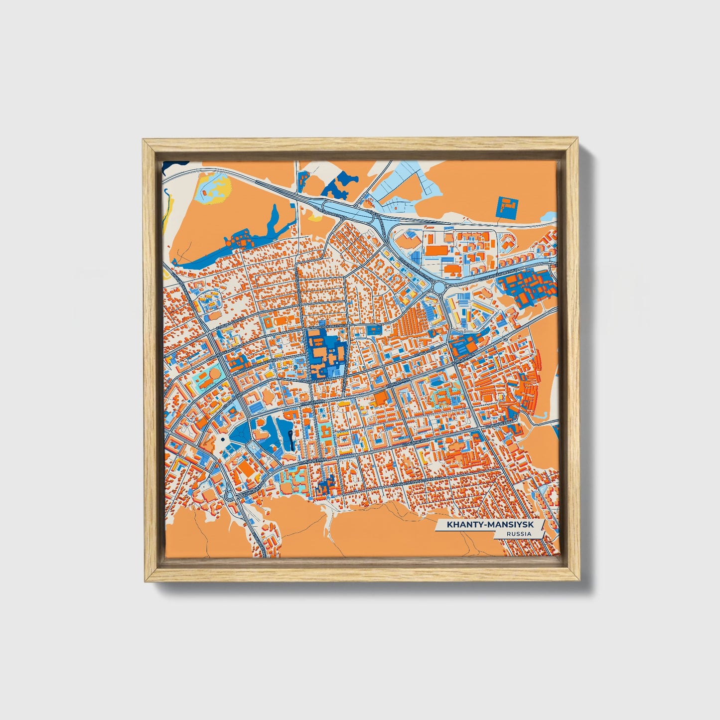 Ханты-Мансийский Russia Colorful City Map Canvas Print • Natural Wooden Framed
