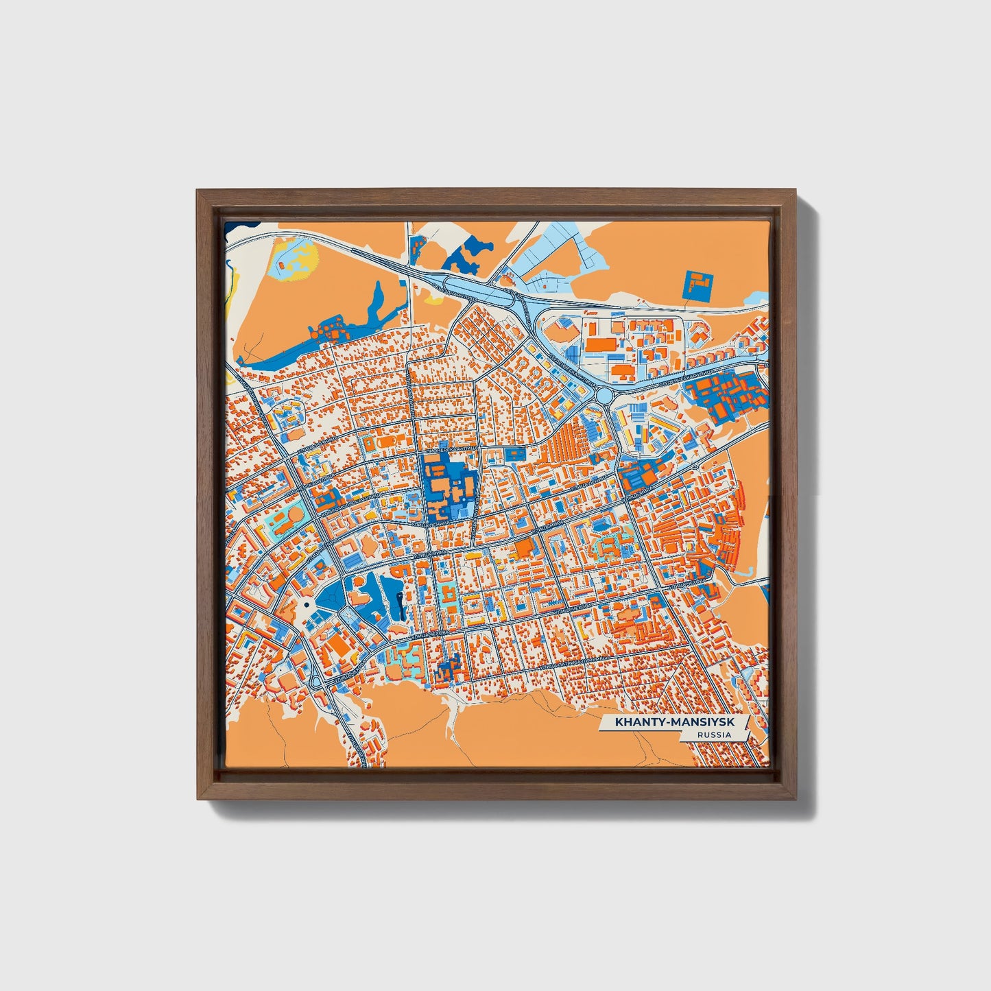 Ханты-Мансийский Russia Colorful City Map Canvas Print • Dark Wooden Framed
