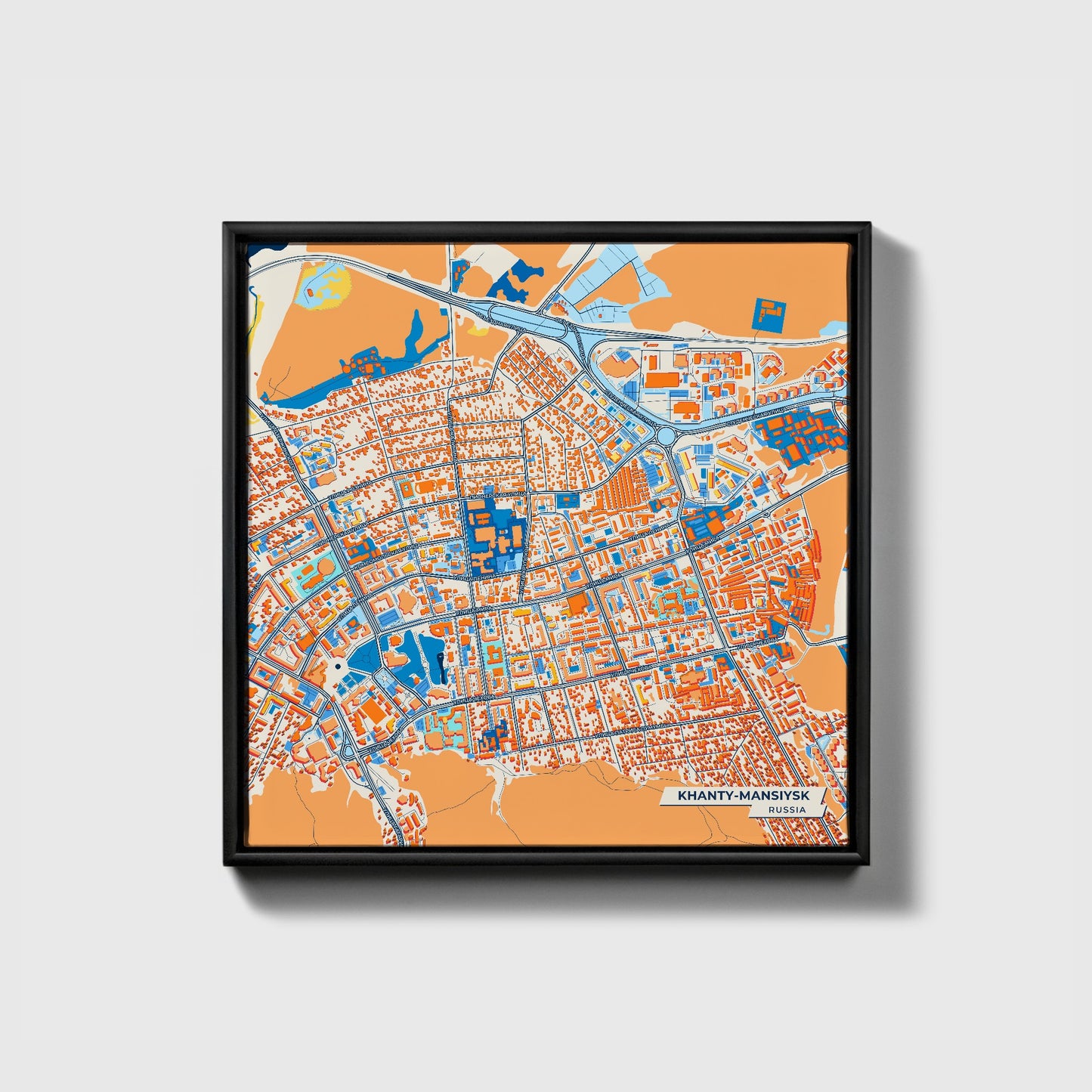 Ханты-Мансийский Russia Colorful City Map Canvas Print • Black Framed