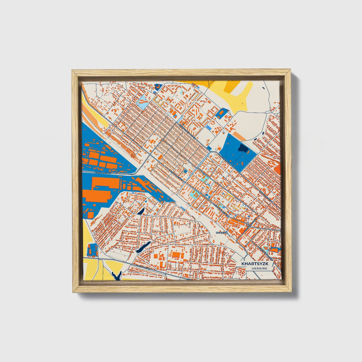 Харцизк Ukraine Colorful City Map Canvas Print • Natural Wooden Framed