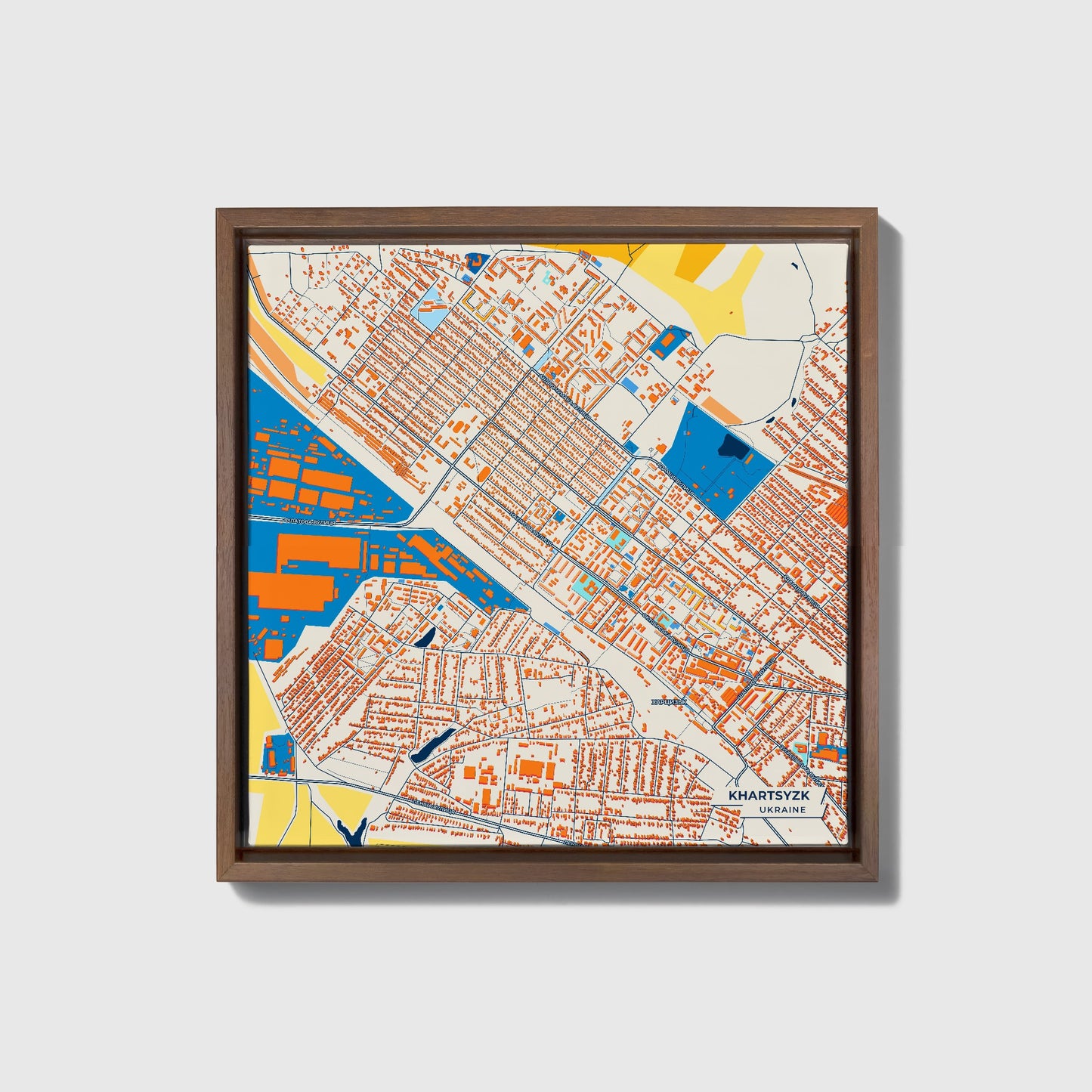 Харцизк Ukraine Colorful City Map Canvas Print • Dark Wooden Framed