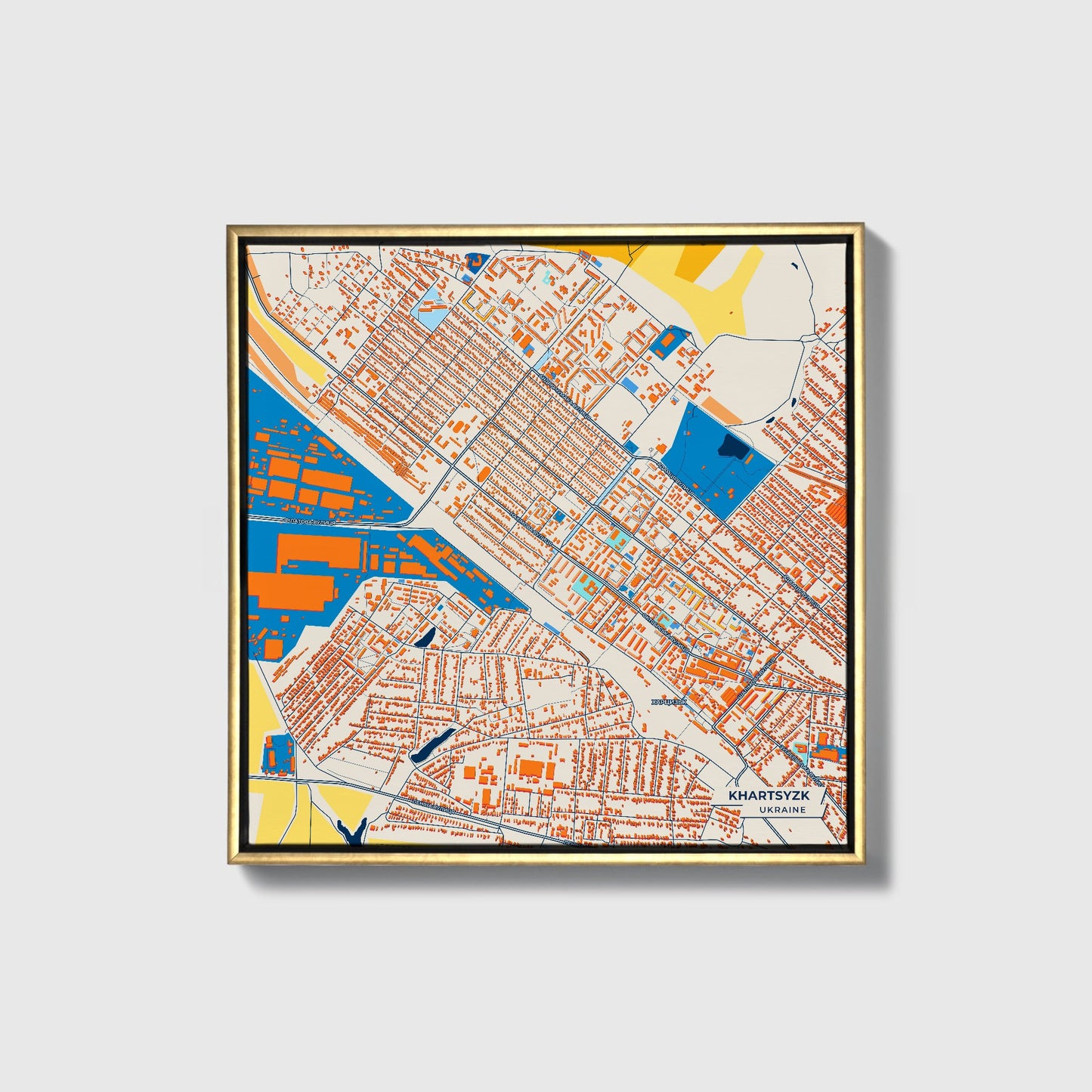 Харцизк Ukraine Colorful City Map Canvas Print • Gold Framed