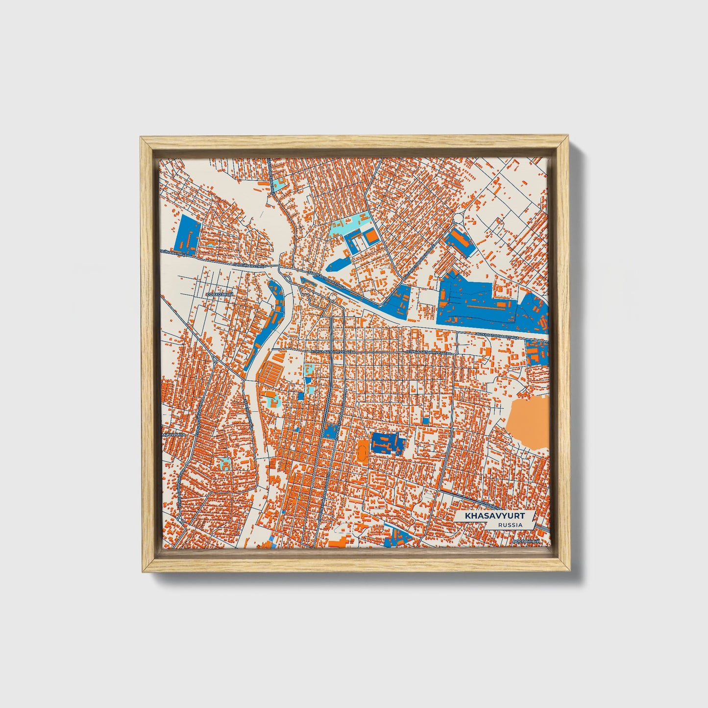 Хасавюрт Russia Colorful City Map Canvas Print • Natural Wooden Framed