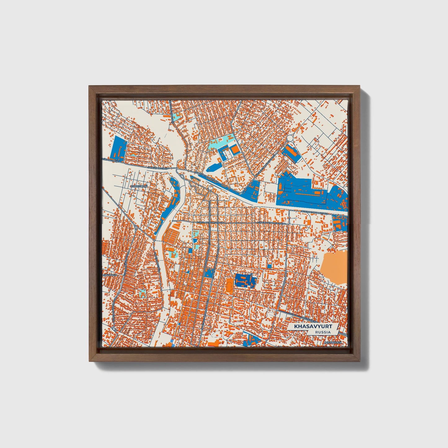 Хасавюрт Russia Colorful City Map Canvas Print • Dark Wooden Framed