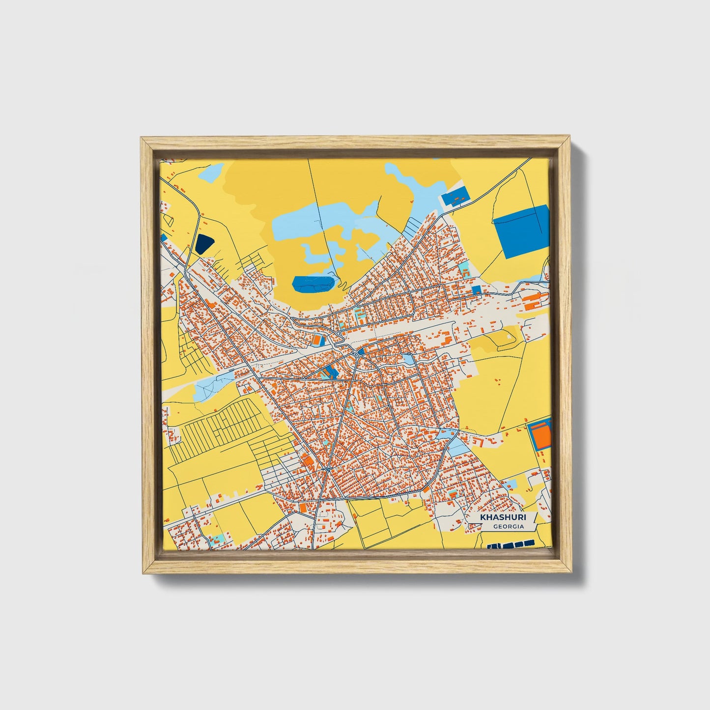 Khashuri Georgia Colorful City Map Canvas Print • Natural Wooden Framed