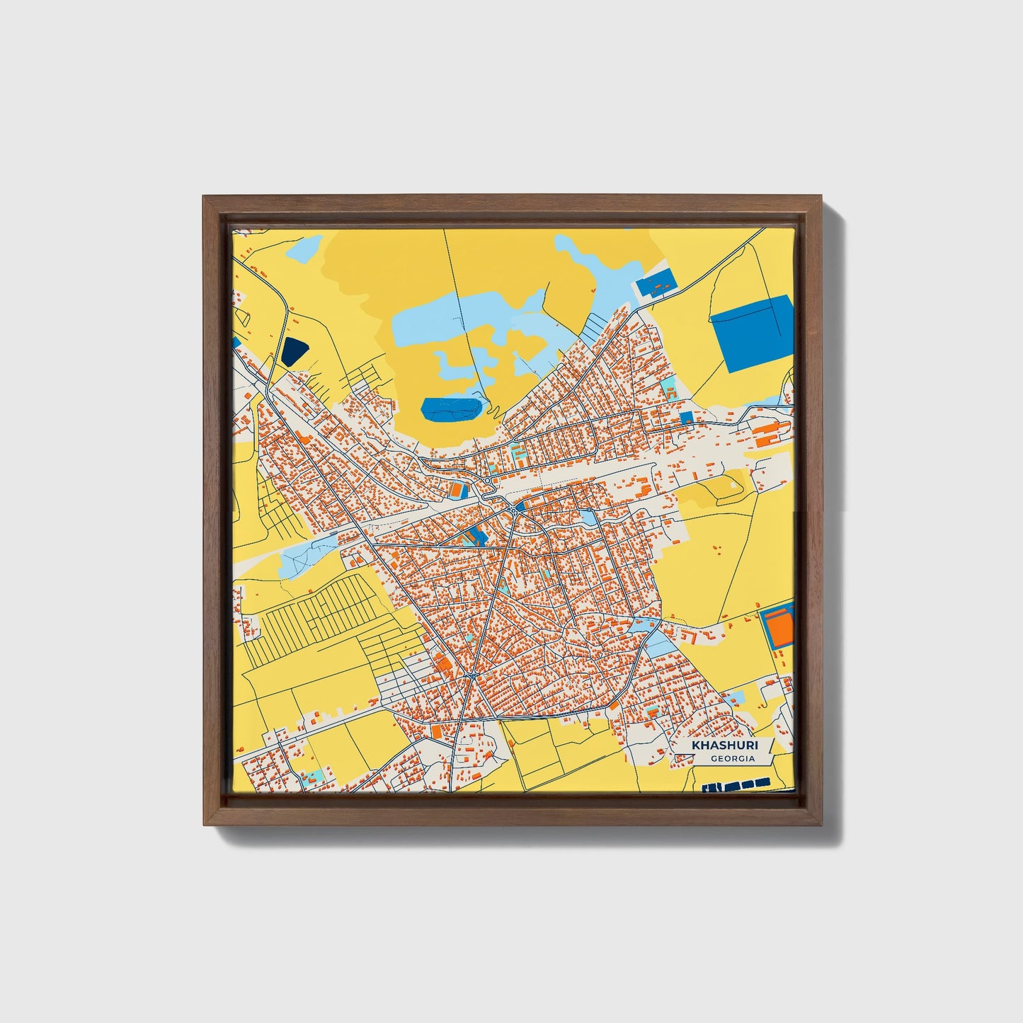 Khashuri Georgia Colorful City Map Canvas Print • Dark Wooden Framed