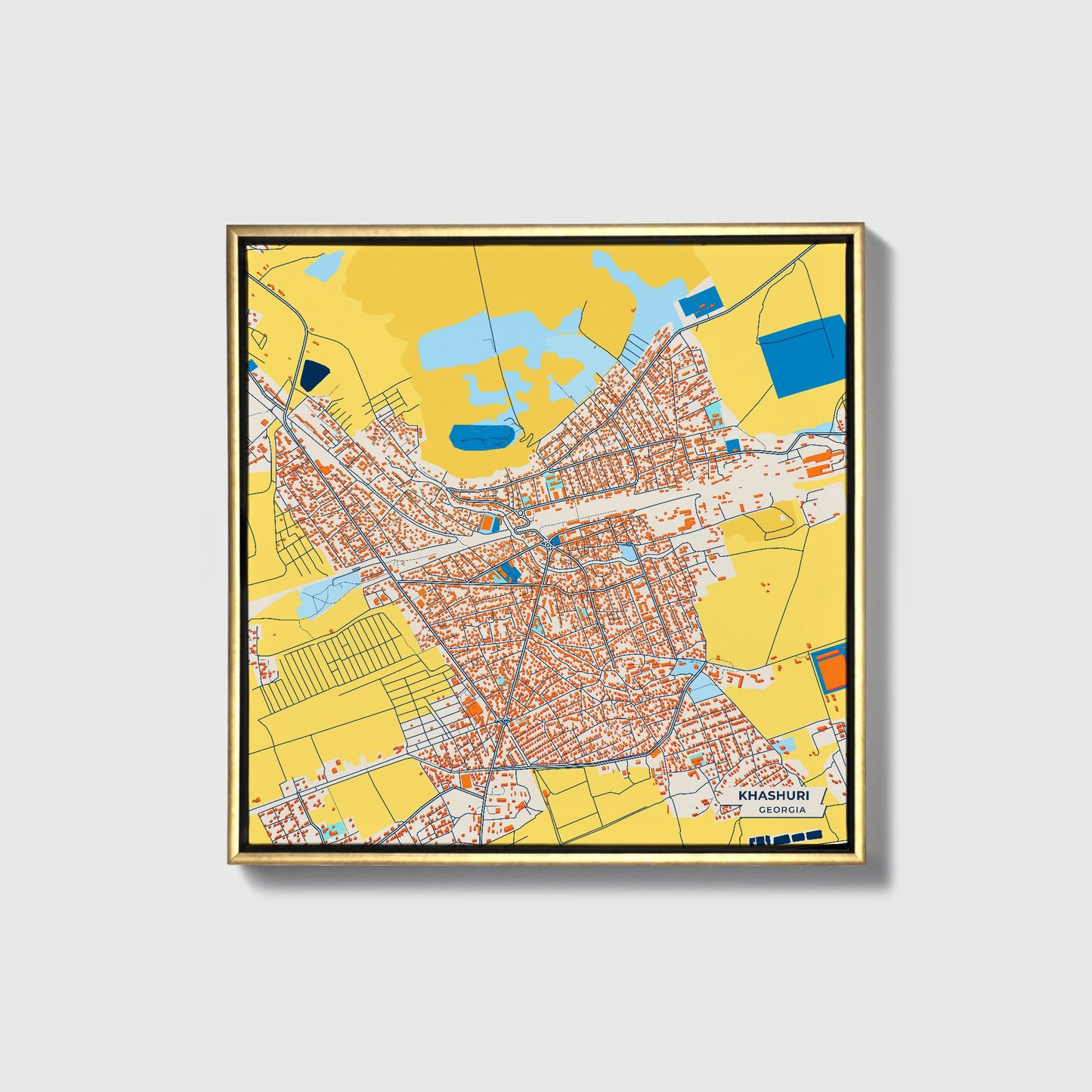 Khashuri Georgia Colorful City Map Canvas Print • Gold Framed