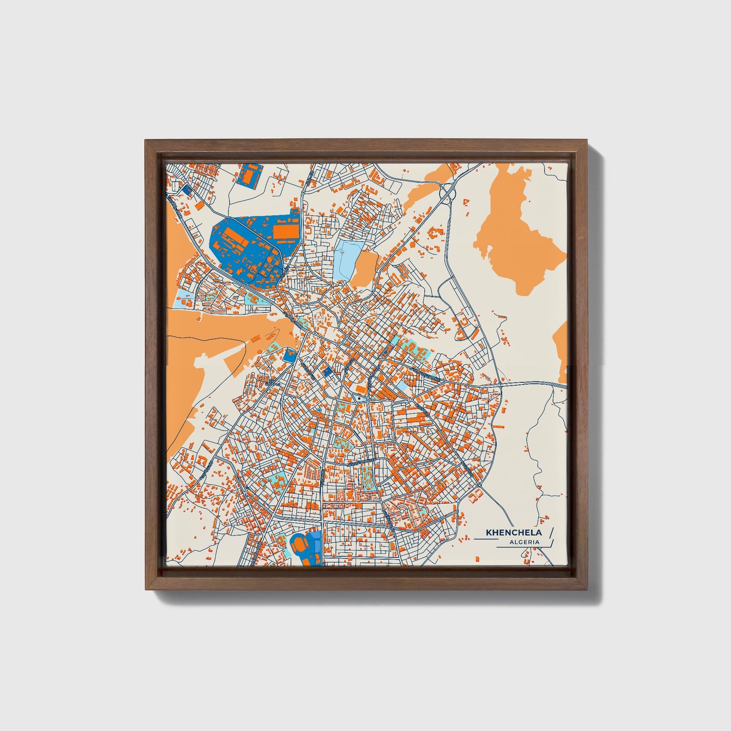 Khenchela Algeria Colorful City Map Canvas Print • Dark Wooden Framed