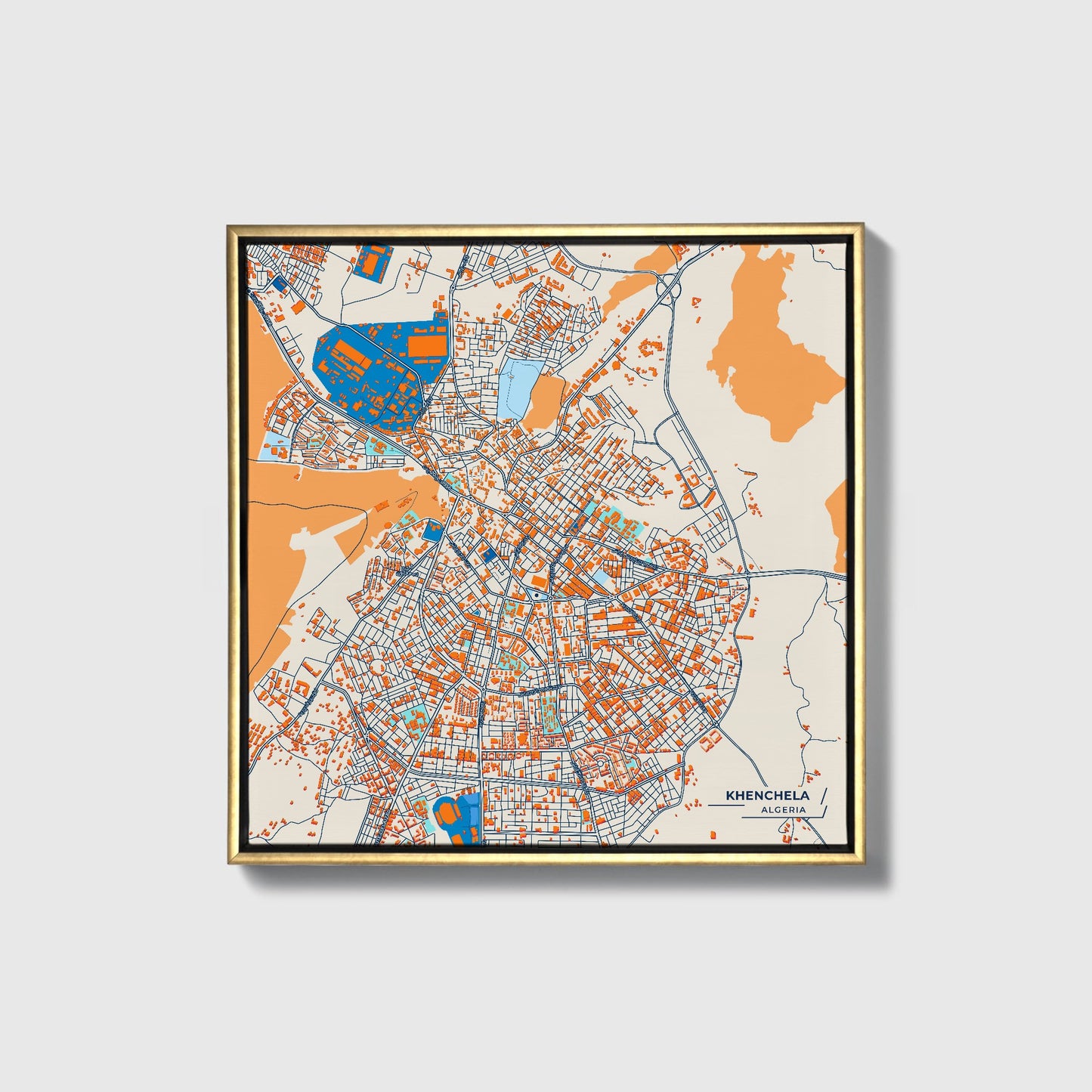 Khenchela Algeria Colorful City Map Canvas Print • Gold Framed