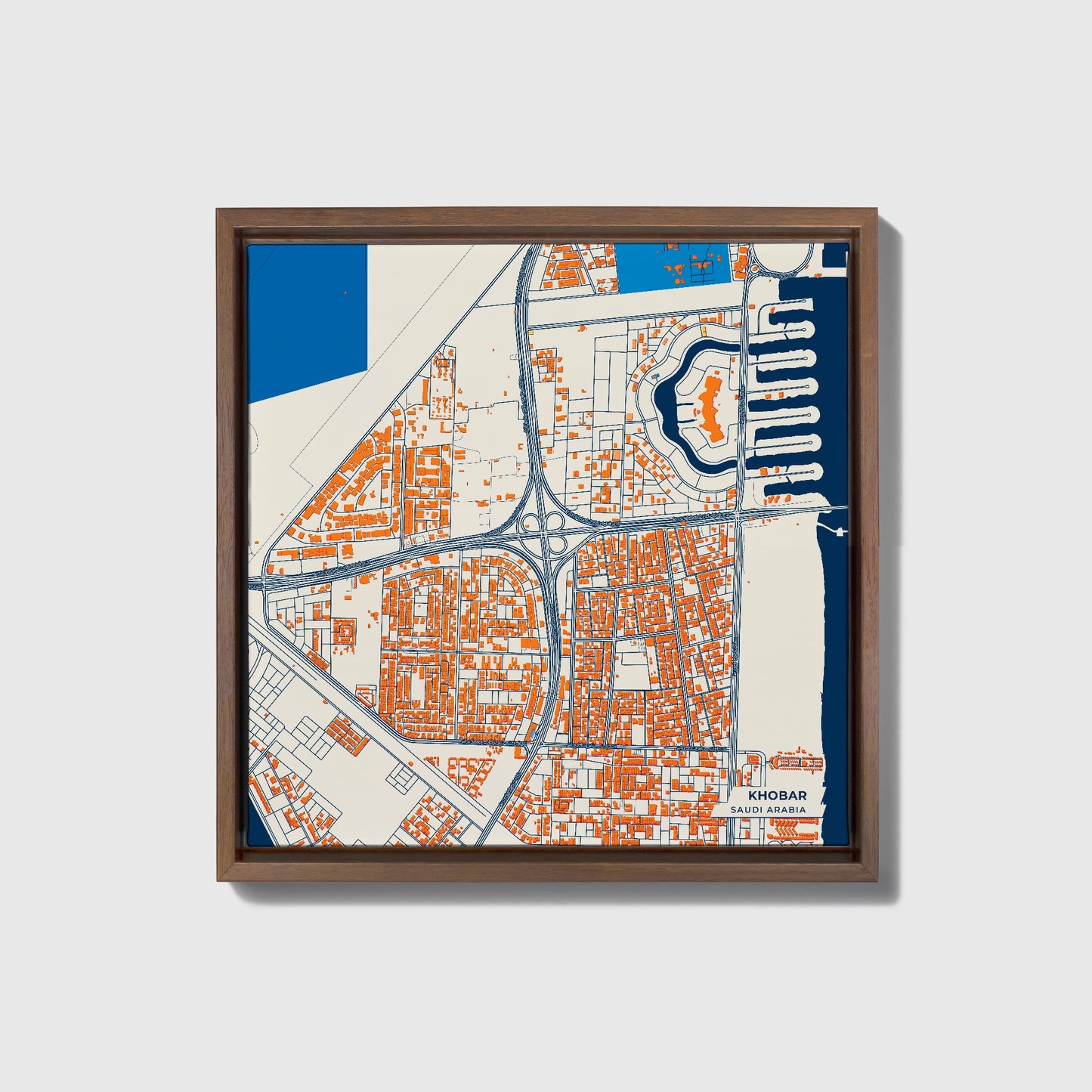 Khobar Saudi Arabia Colorful City Map Canvas Print • Dark Wooden Framed