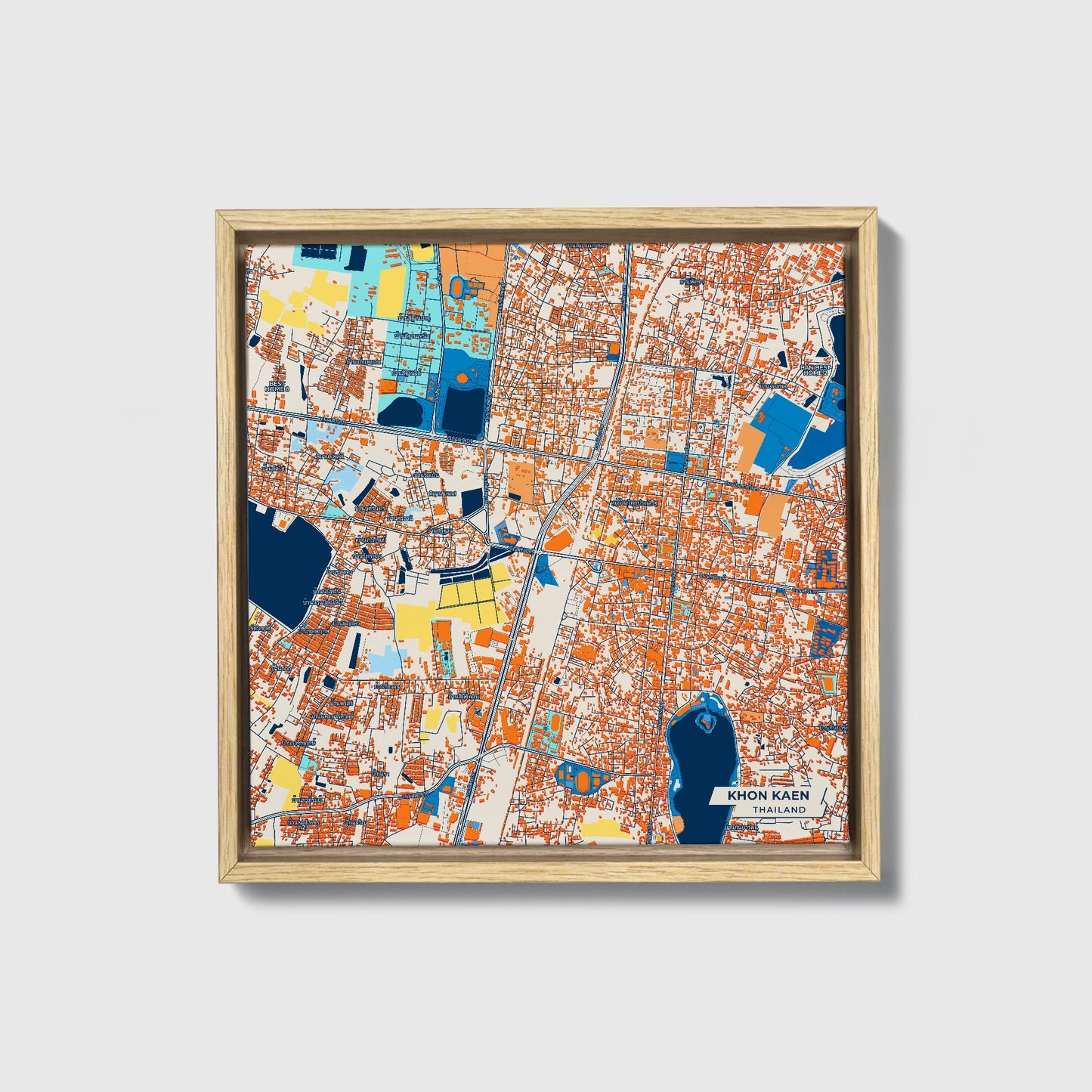 Khon Kaen Thailand Colorful City Map Canvas Print • Natural Wooden Framed