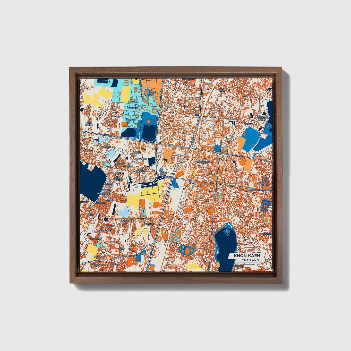 Khon Kaen Thailand Colorful City Map Canvas Print • Dark Wooden Framed