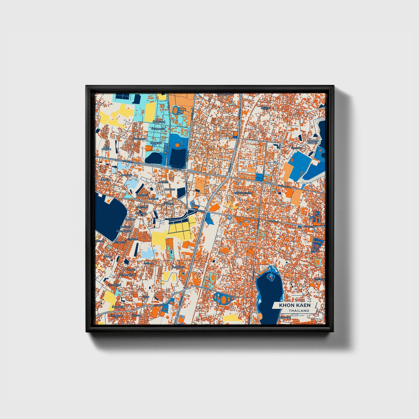 Khon Kaen Thailand Colorful City Map Canvas Print • Black Framed