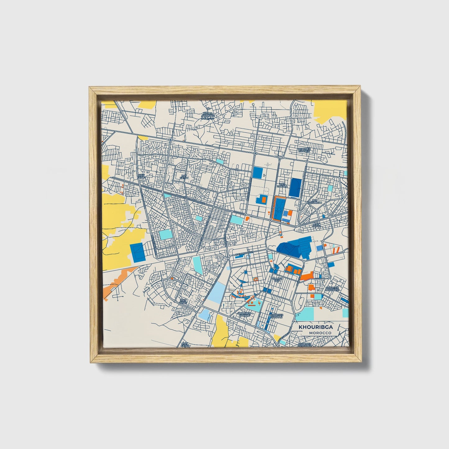 Khouribga Morocco Colorful City Map Canvas Print • Natural Wooden Framed