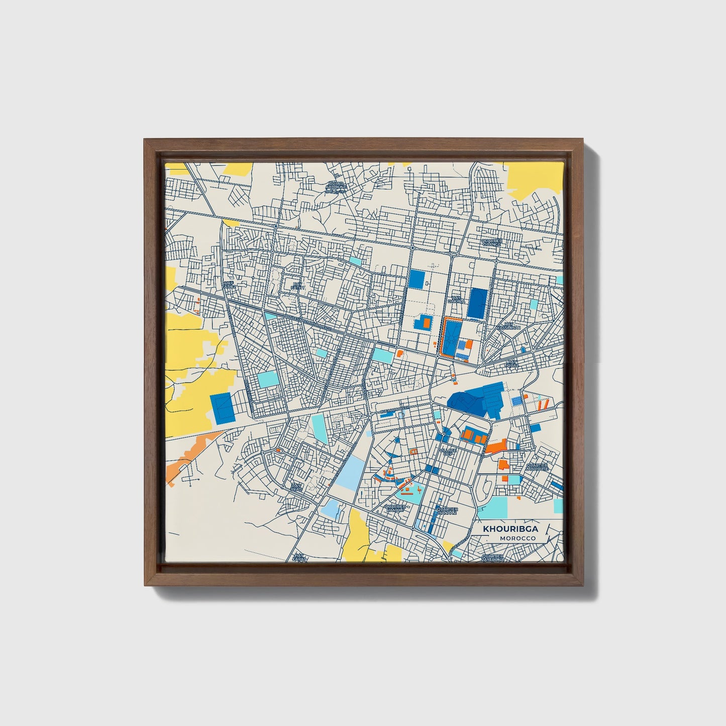 Khouribga Morocco Colorful City Map Canvas Print • Dark Wooden Framed
