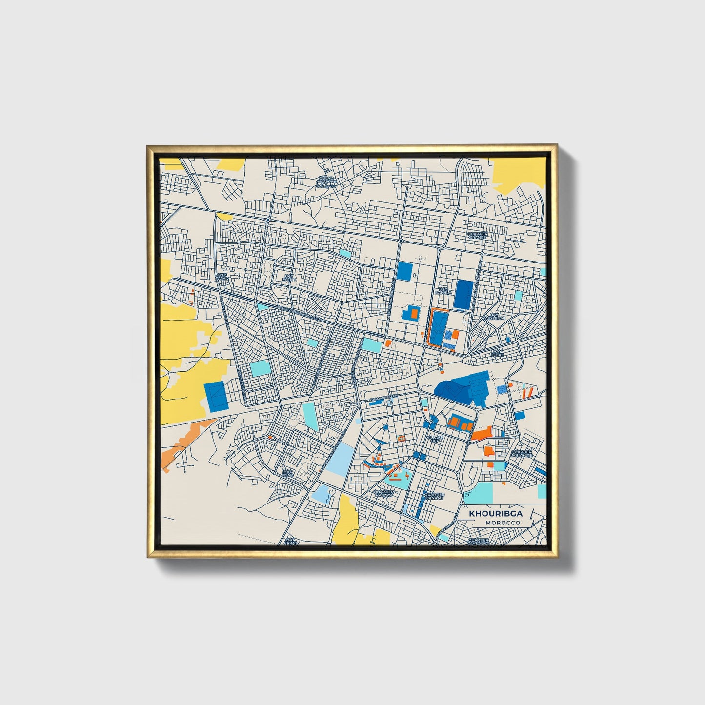 Khouribga Morocco Colorful City Map Canvas Print • Gold Framed