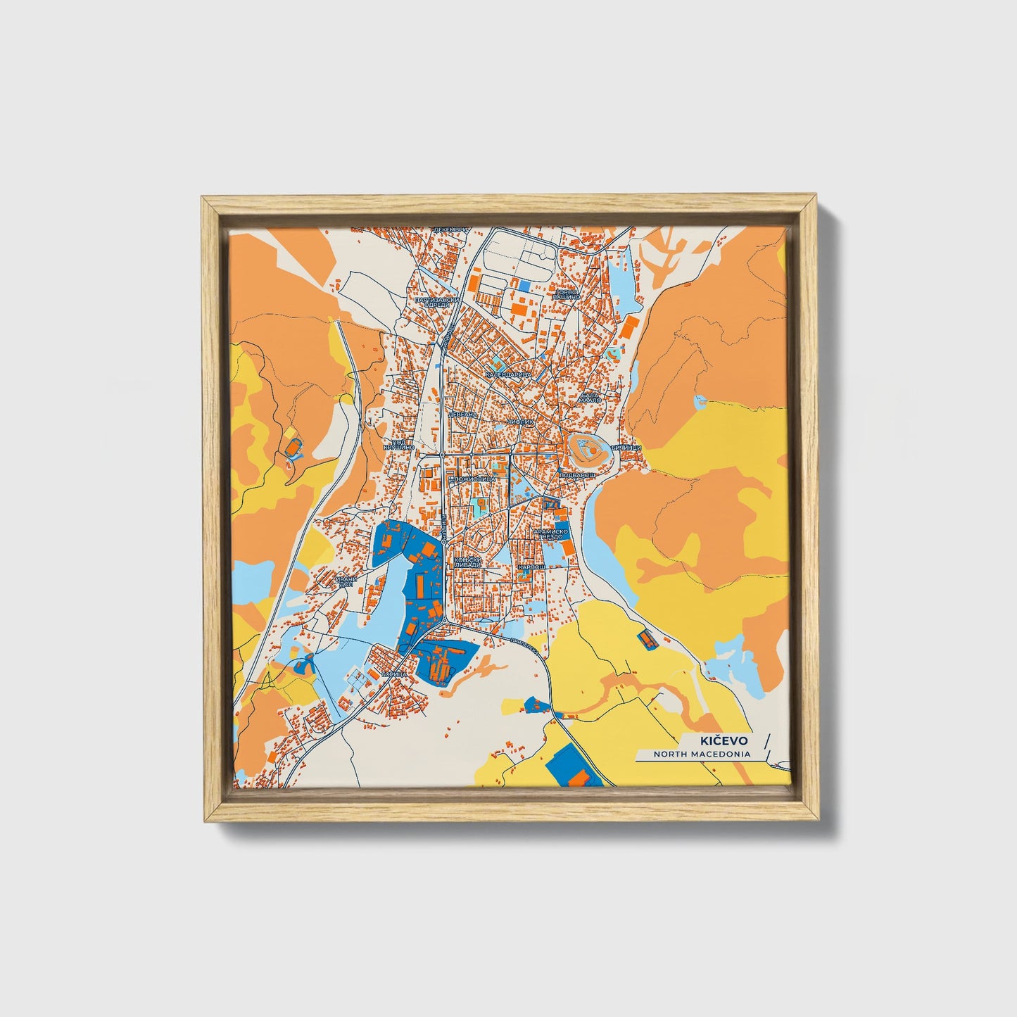 Kičevo North Macedonia Colorful City Map Canvas Print • Natural Wooden Framed