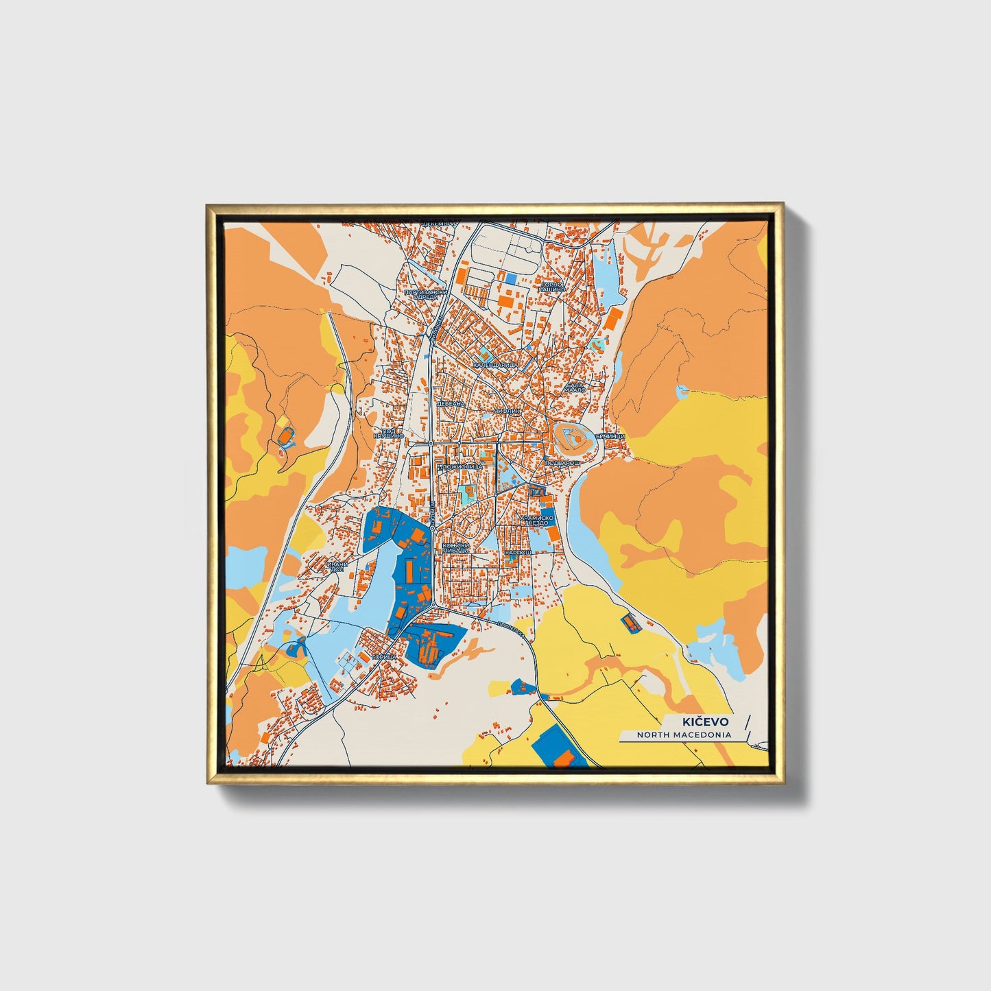 Kičevo North Macedonia Colorful City Map Canvas Print • Gold Framed