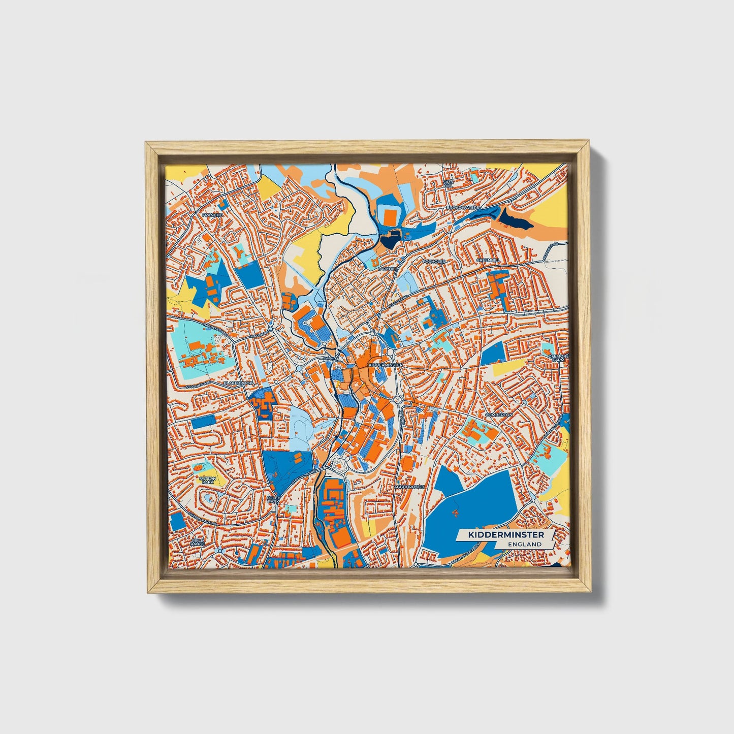 Kidderminster England Colorful City Map Canvas Print • Natural Wooden Framed