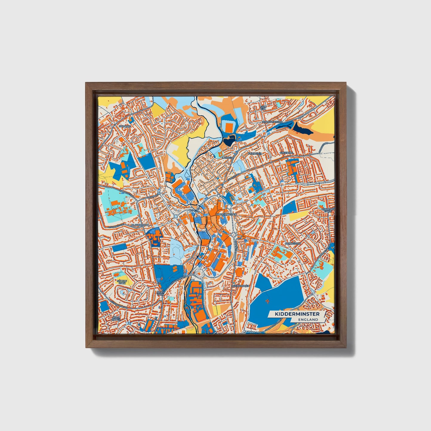 Kidderminster England Colorful City Map Canvas Print • Dark Wooden Framed