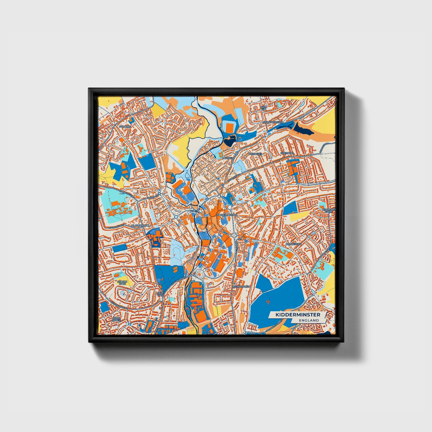 Kidderminster England Colorful City Map Canvas Print • Black Framed