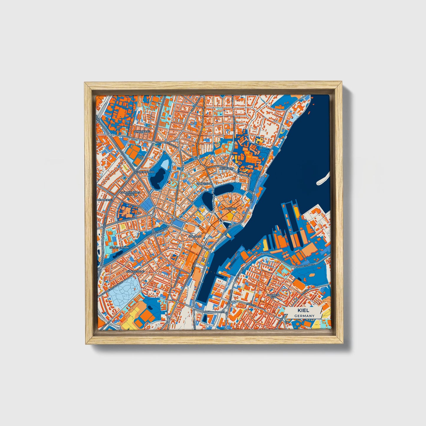 Kiel Germany Colorful City Map Canvas Print • Natural Wooden Framed