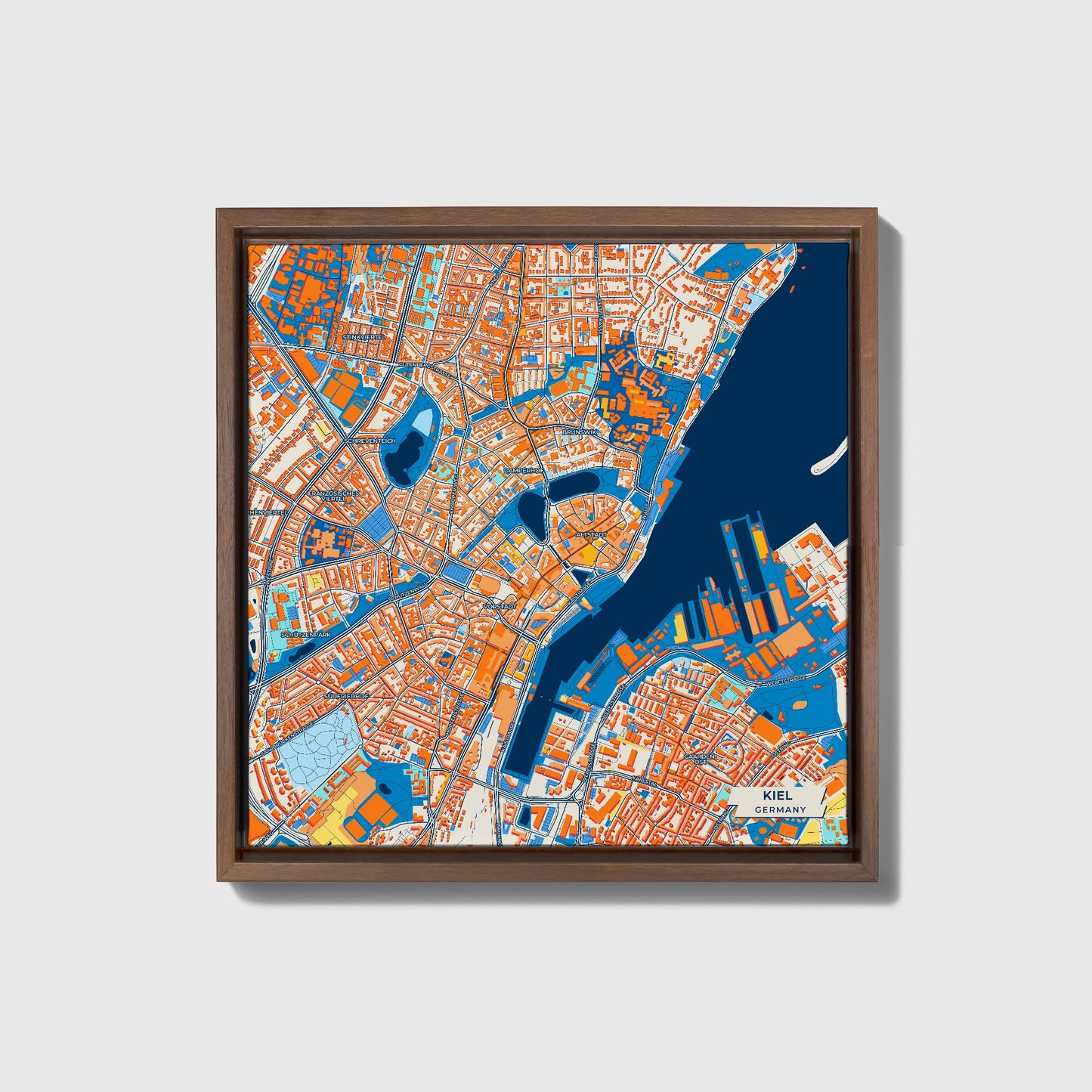 Kiel Germany Colorful City Map Canvas Print • Dark Wooden Framed