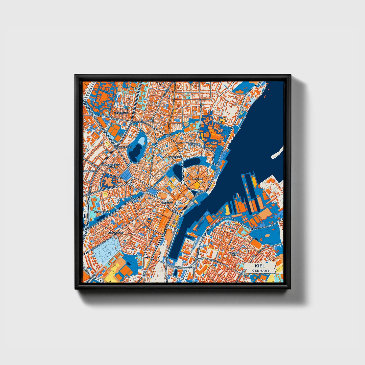 Kiel Germany Colorful City Map Canvas Print • Black Framed