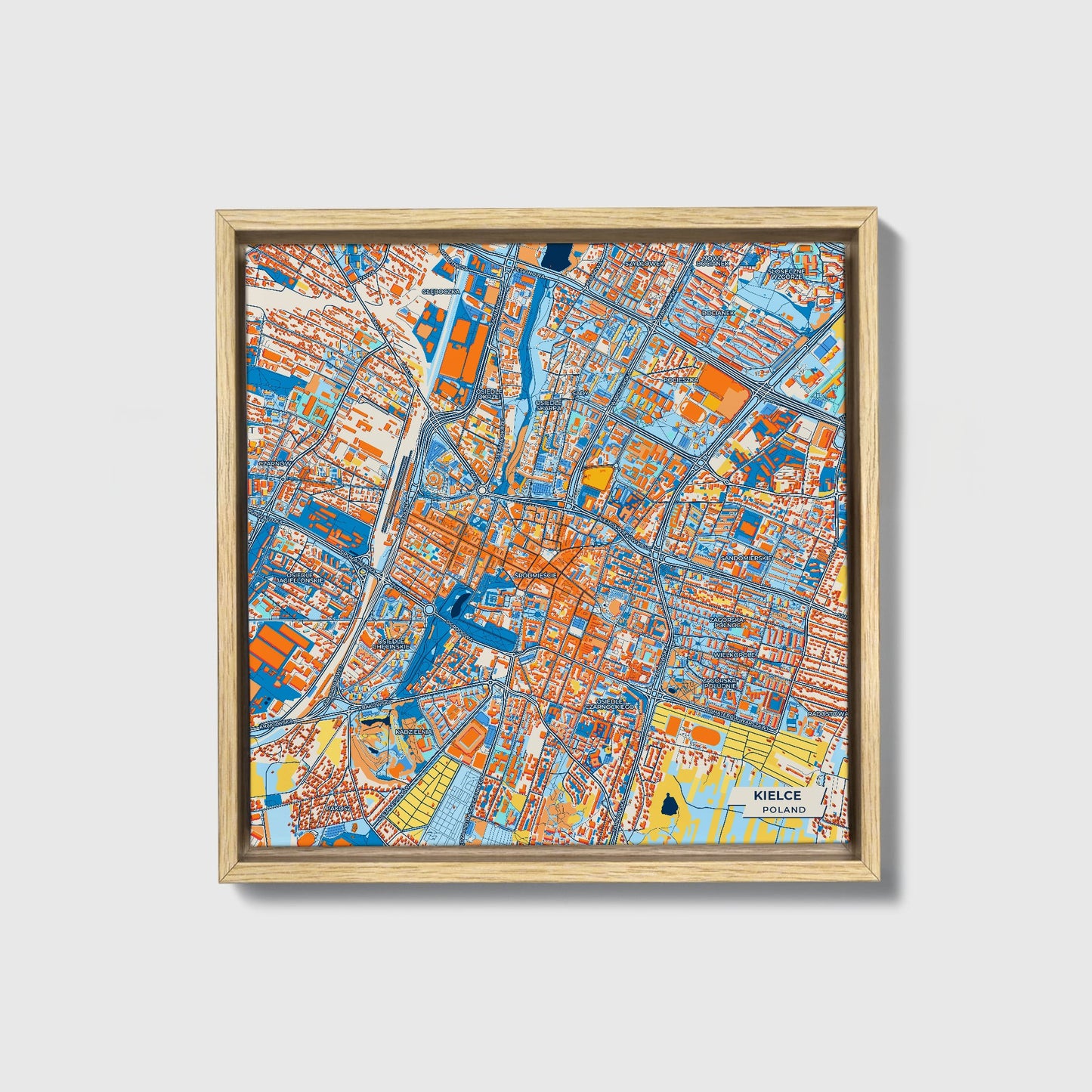 Kielce Poland Colorful City Map Canvas Print • Natural Wooden Framed