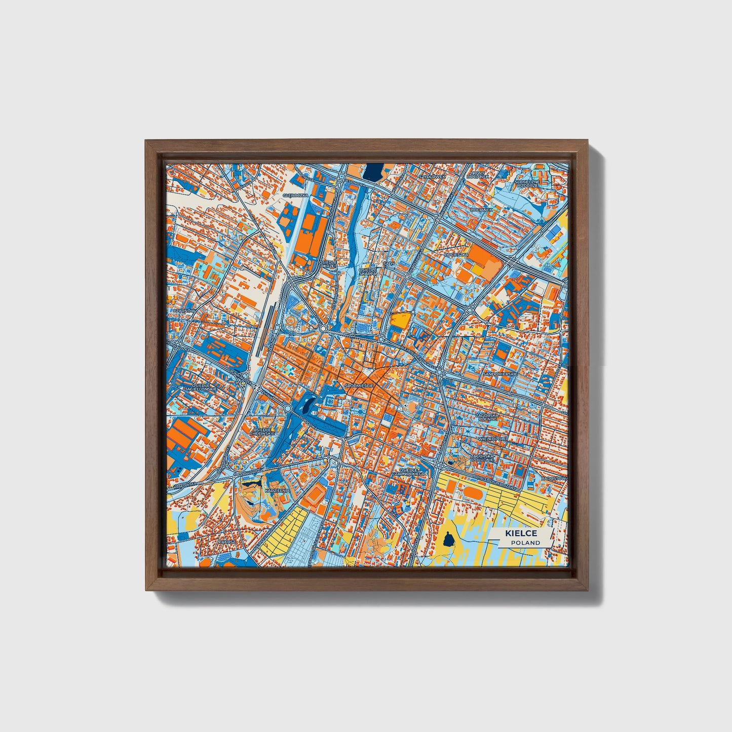 Kielce Poland Colorful City Map Canvas Print • Dark Wooden Framed