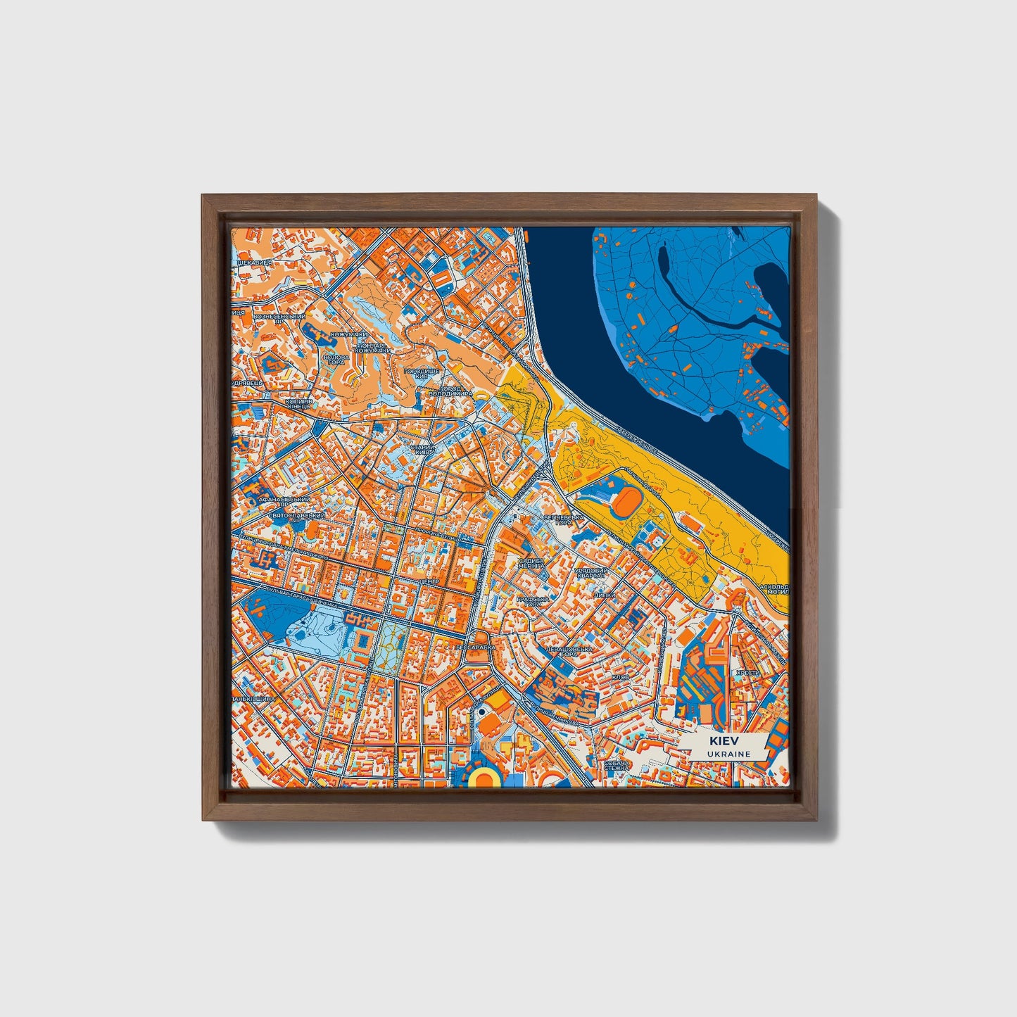 Київ Ukraine Colorful City Map Canvas Print • Dark Wooden Framed