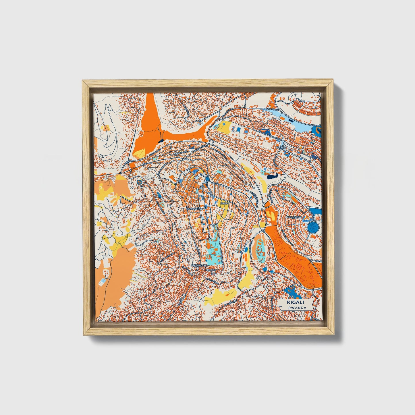Kigali Rwanda Colorful City Map Canvas Print • Natural Wooden Framed