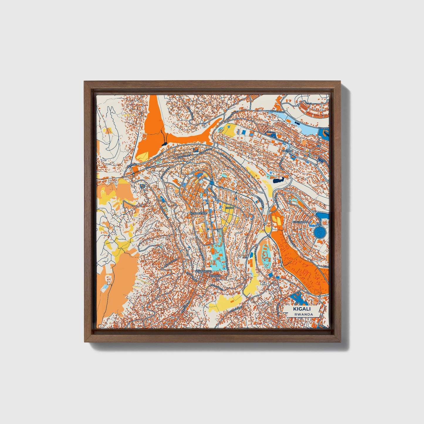 Kigali Rwanda Colorful City Map Canvas Print • Dark Wooden Framed