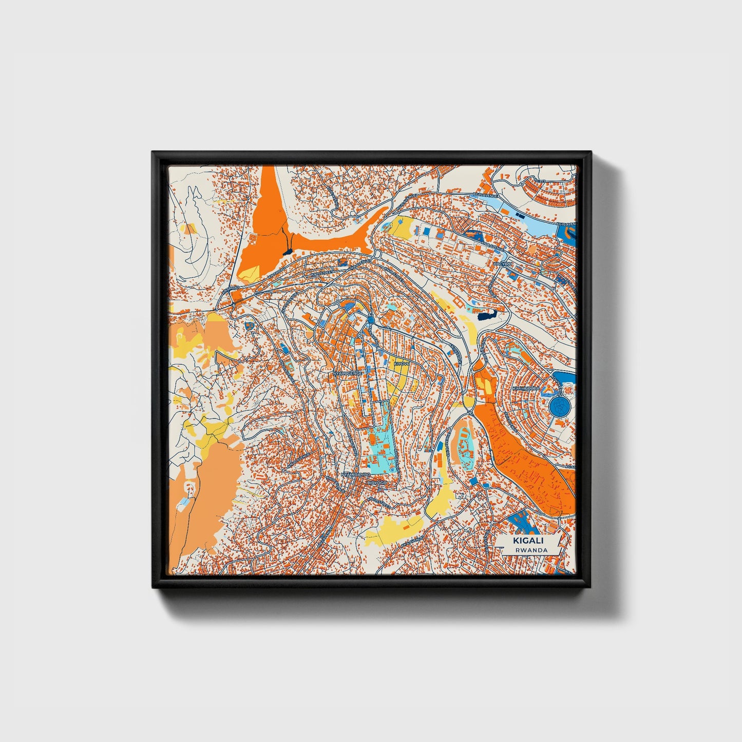 Kigali Rwanda Colorful City Map Canvas Print • Black Framed