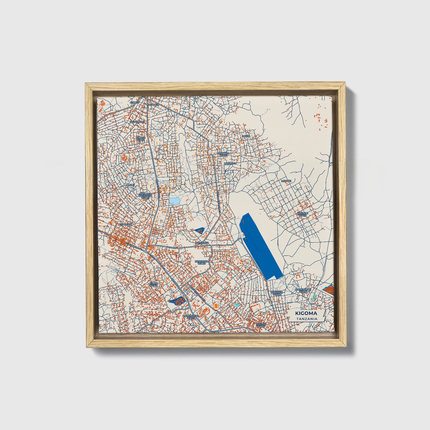 Kigoma Tanzania Colorful City Map Canvas Print • Natural Wooden Framed