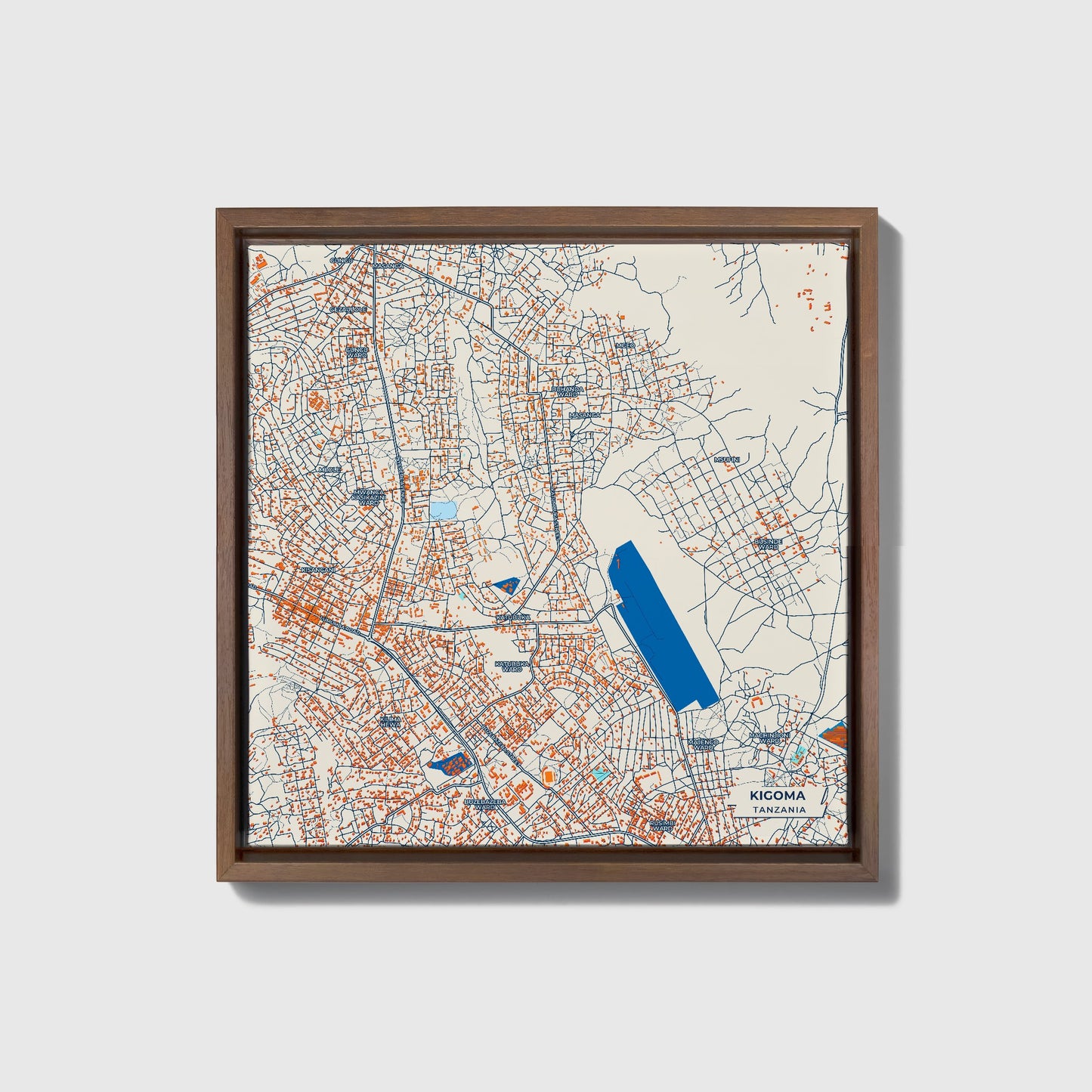 Kigoma Tanzania Colorful City Map Canvas Print • Dark Wooden Framed