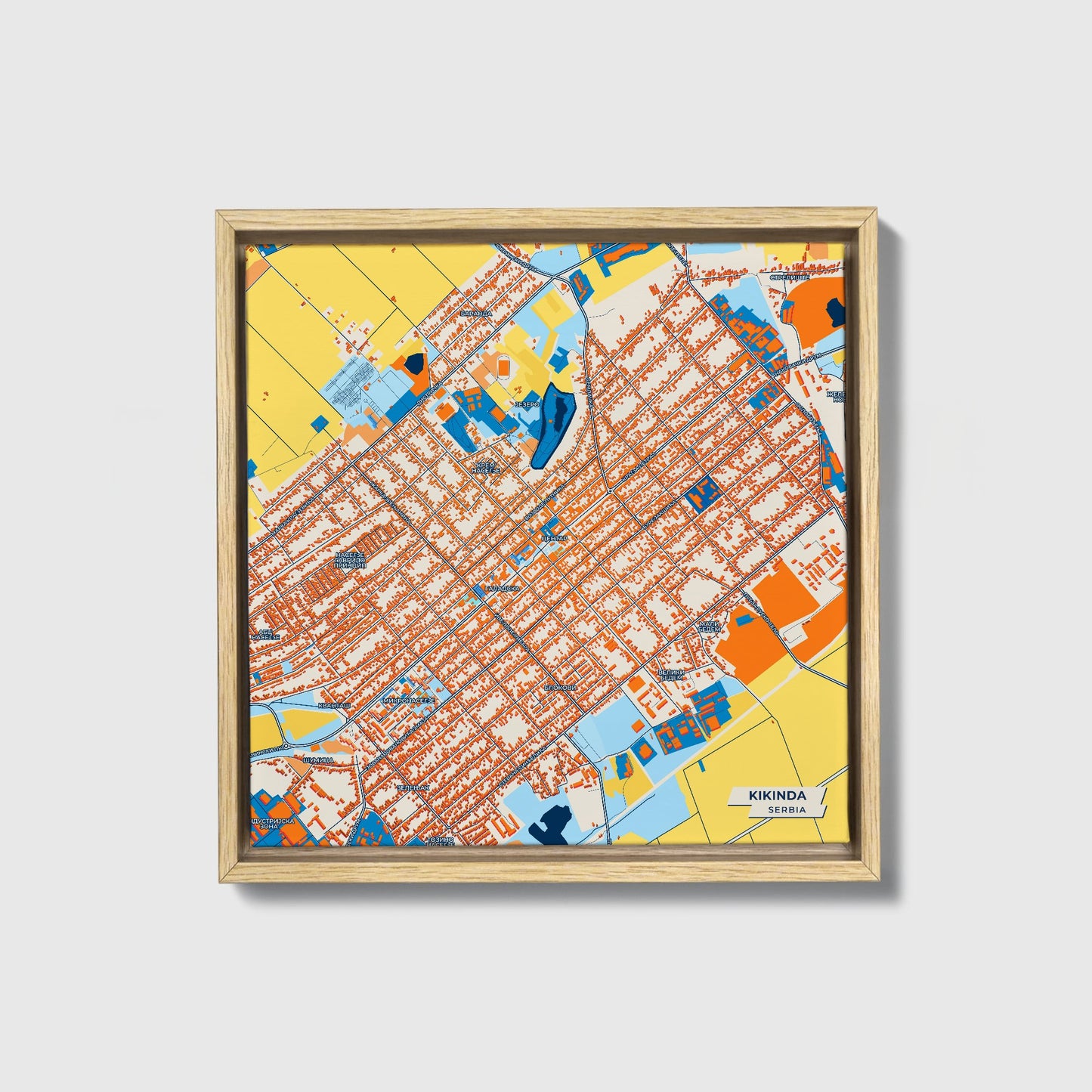 Кикинда Serbia Colorful City Map Canvas Print • Natural Wooden Framed