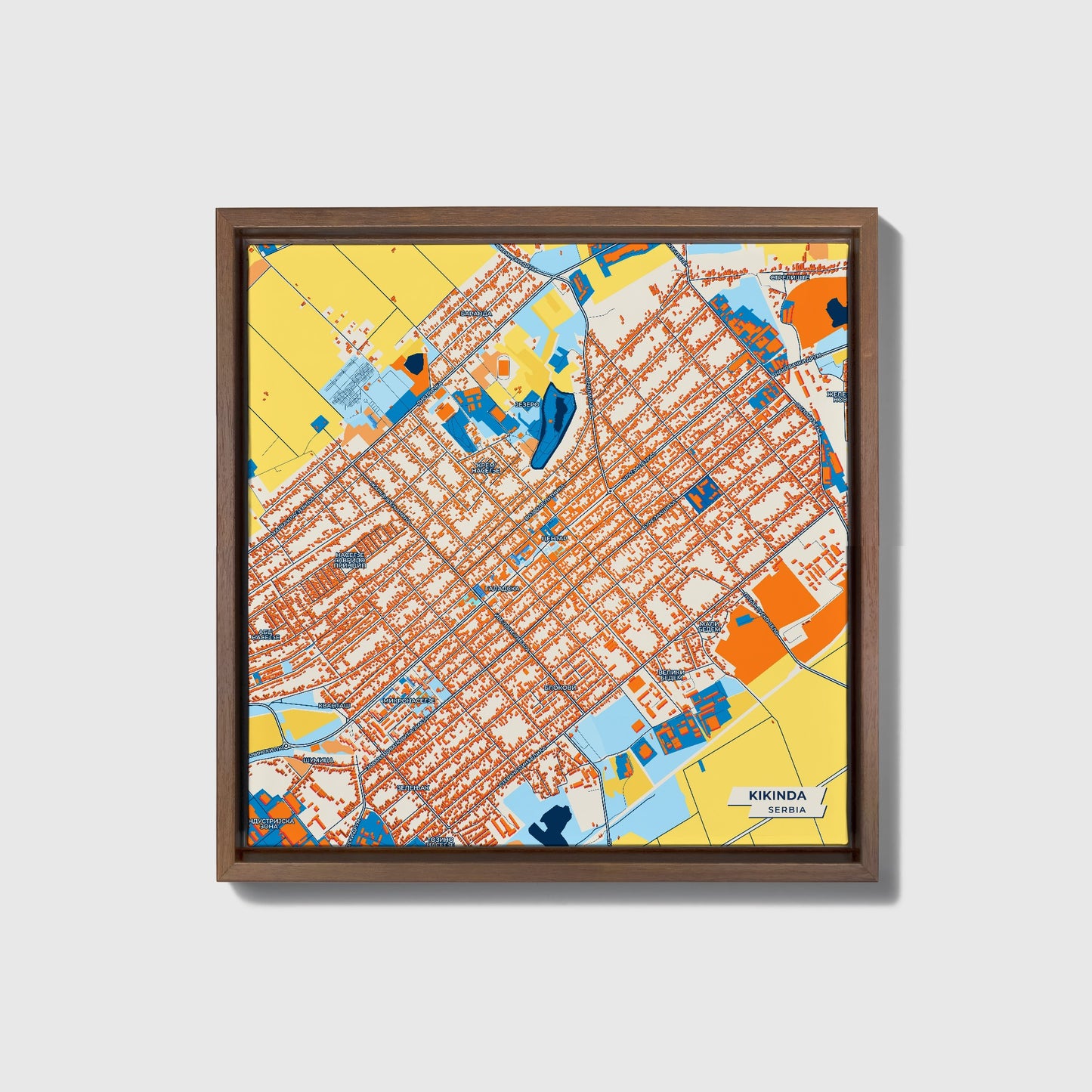 Кикинда Serbia Colorful City Map Canvas Print • Dark Wooden Framed