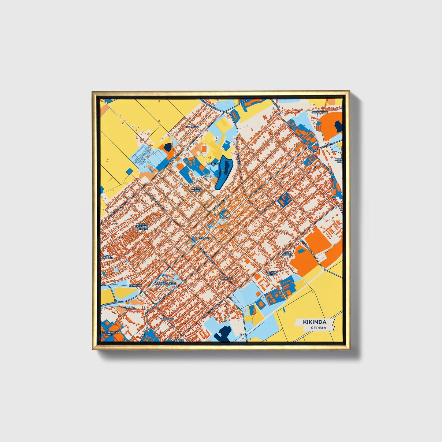 Кикинда Serbia Colorful City Map Canvas Print • Gold Framed