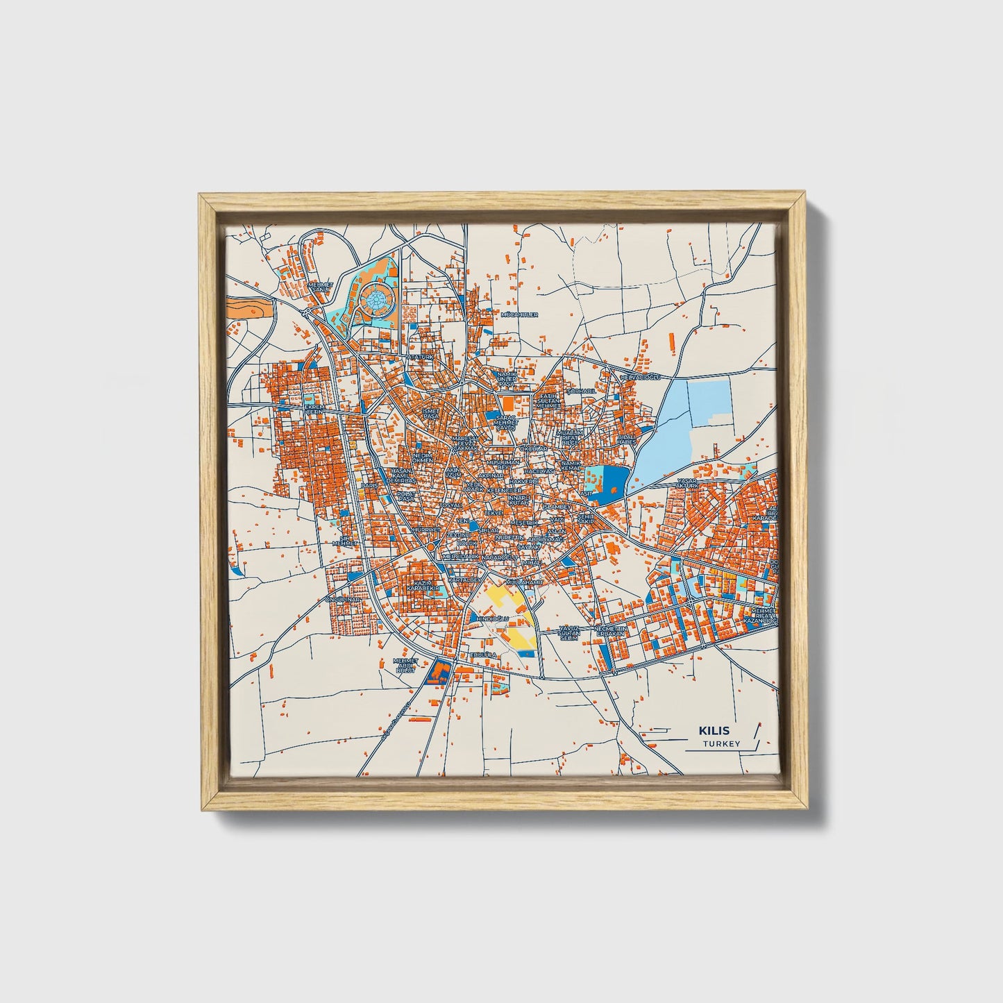 Ki̇li̇s Turkey Colorful City Map Canvas Print • Natural Wooden Framed