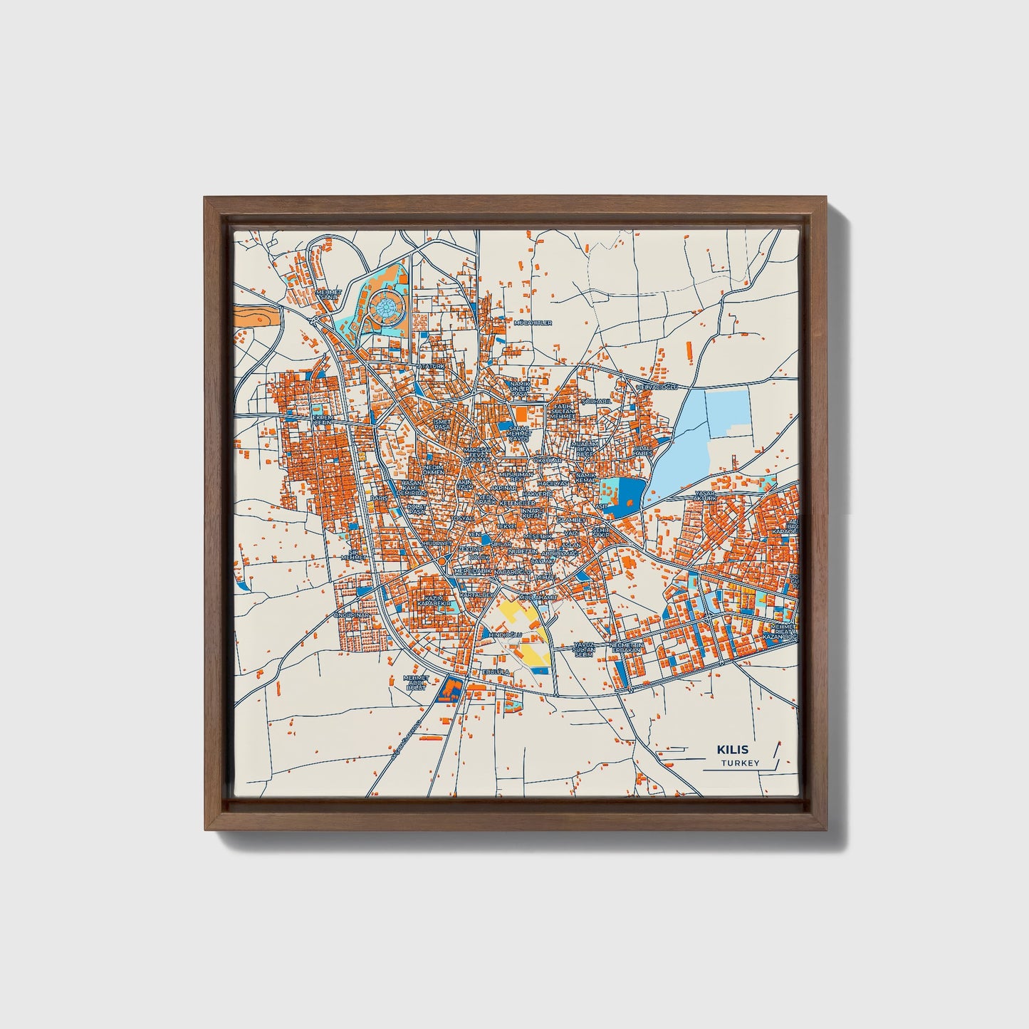 Ki̇li̇s Turkey Colorful City Map Canvas Print • Dark Wooden Framed