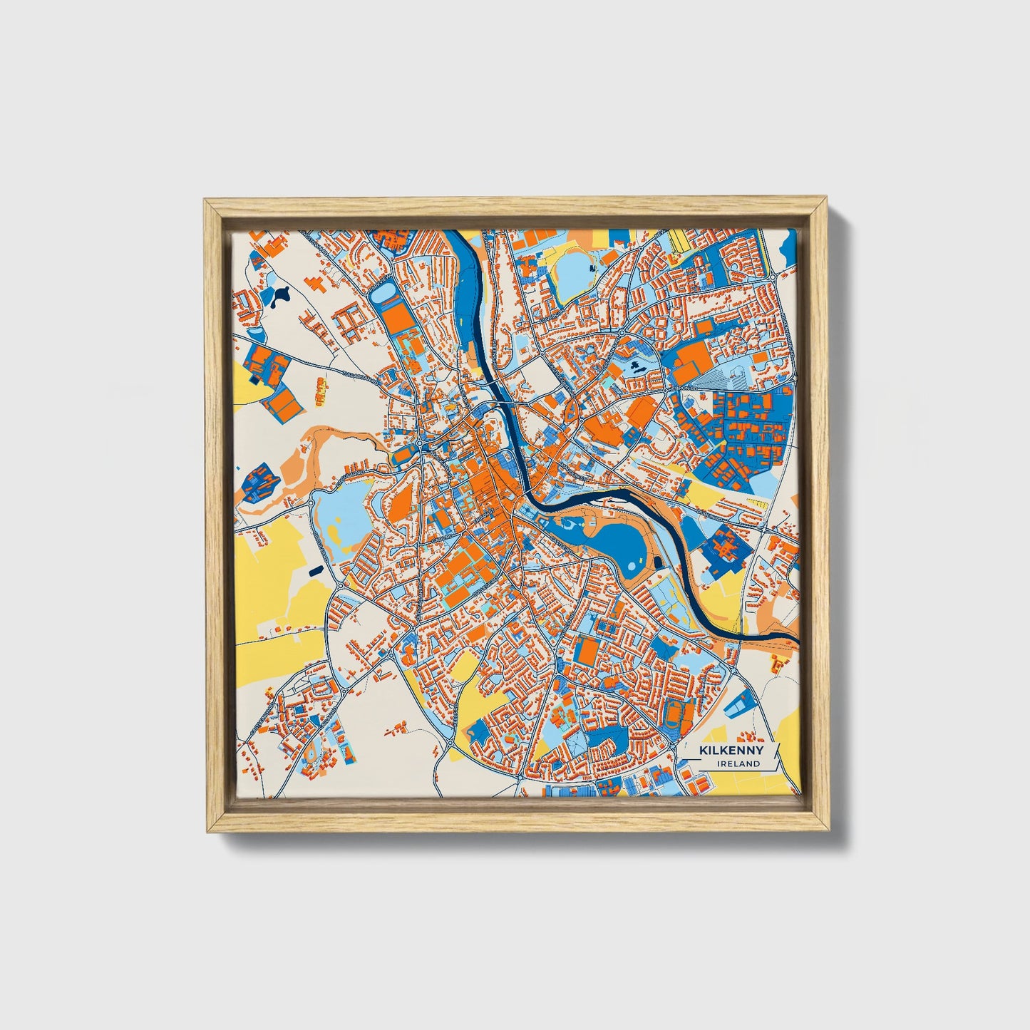 Kilkenny Ireland Colorful City Map Canvas Print • Natural Wooden Framed