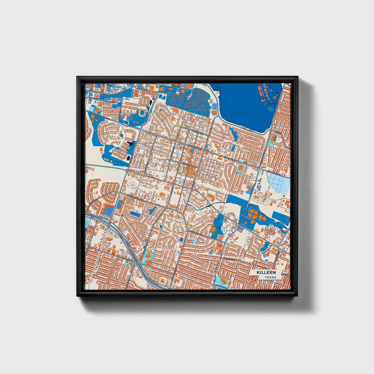 Killeen Texas Colorful City Map Canvas Print • Black Framed