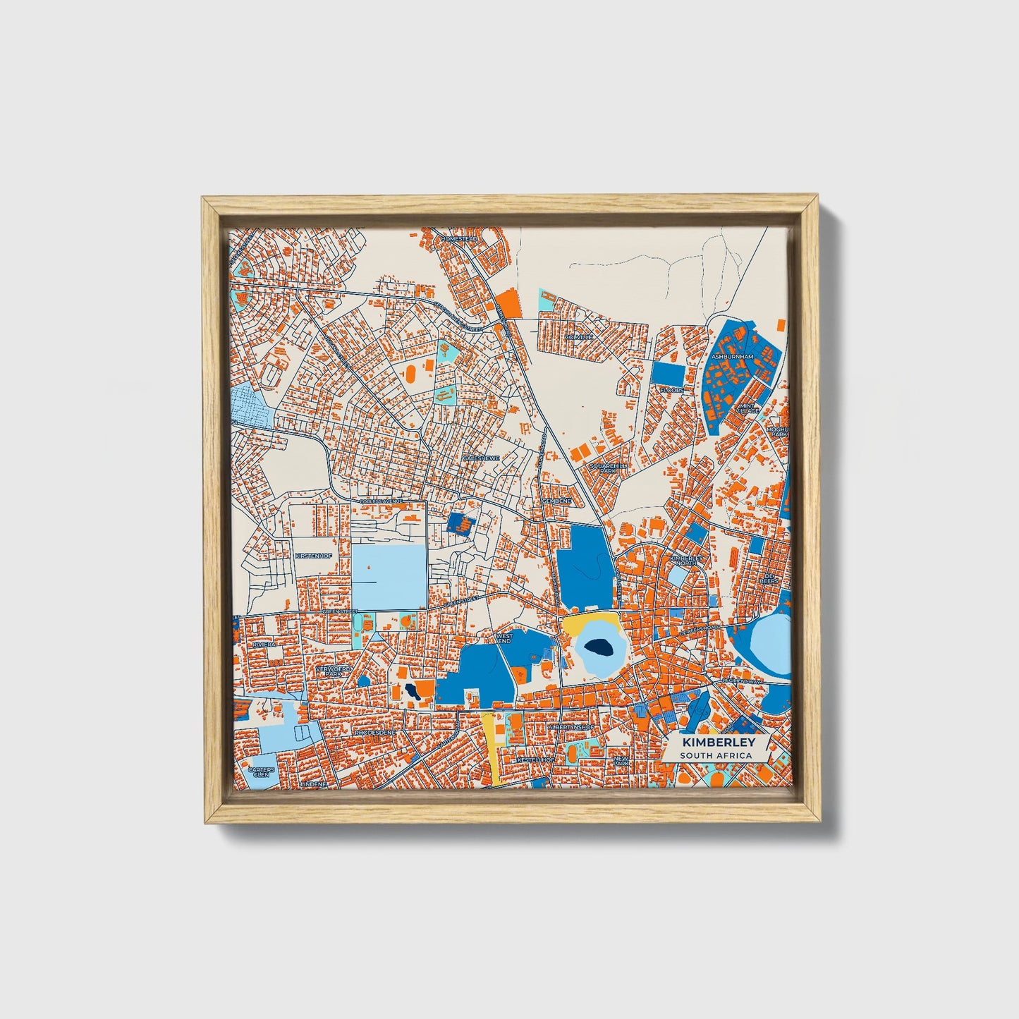 Kimberley South Africa Colorful City Map Canvas Print • Natural Wooden Framed
