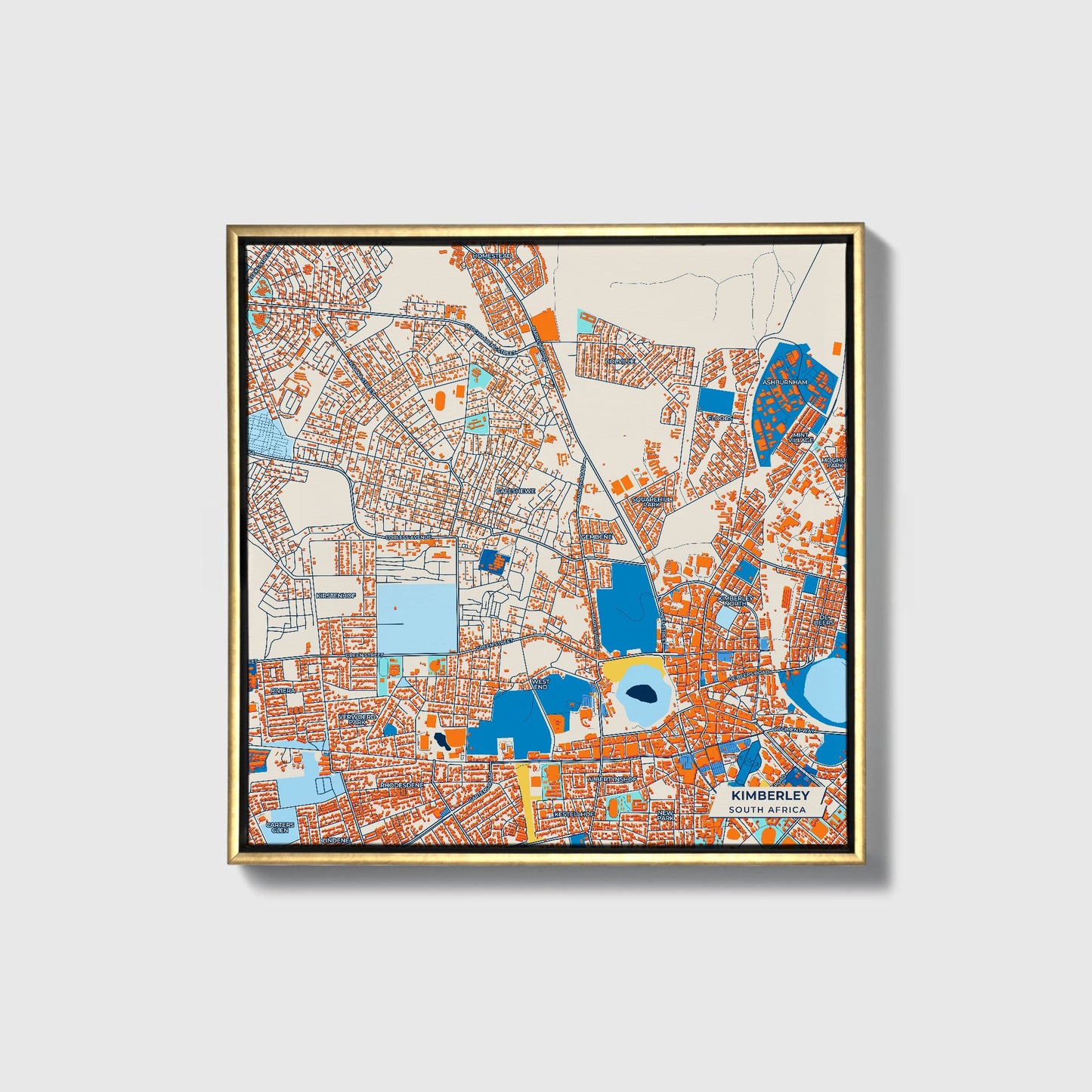 Kimberley South Africa Colorful City Map Canvas Print • Gold Framed