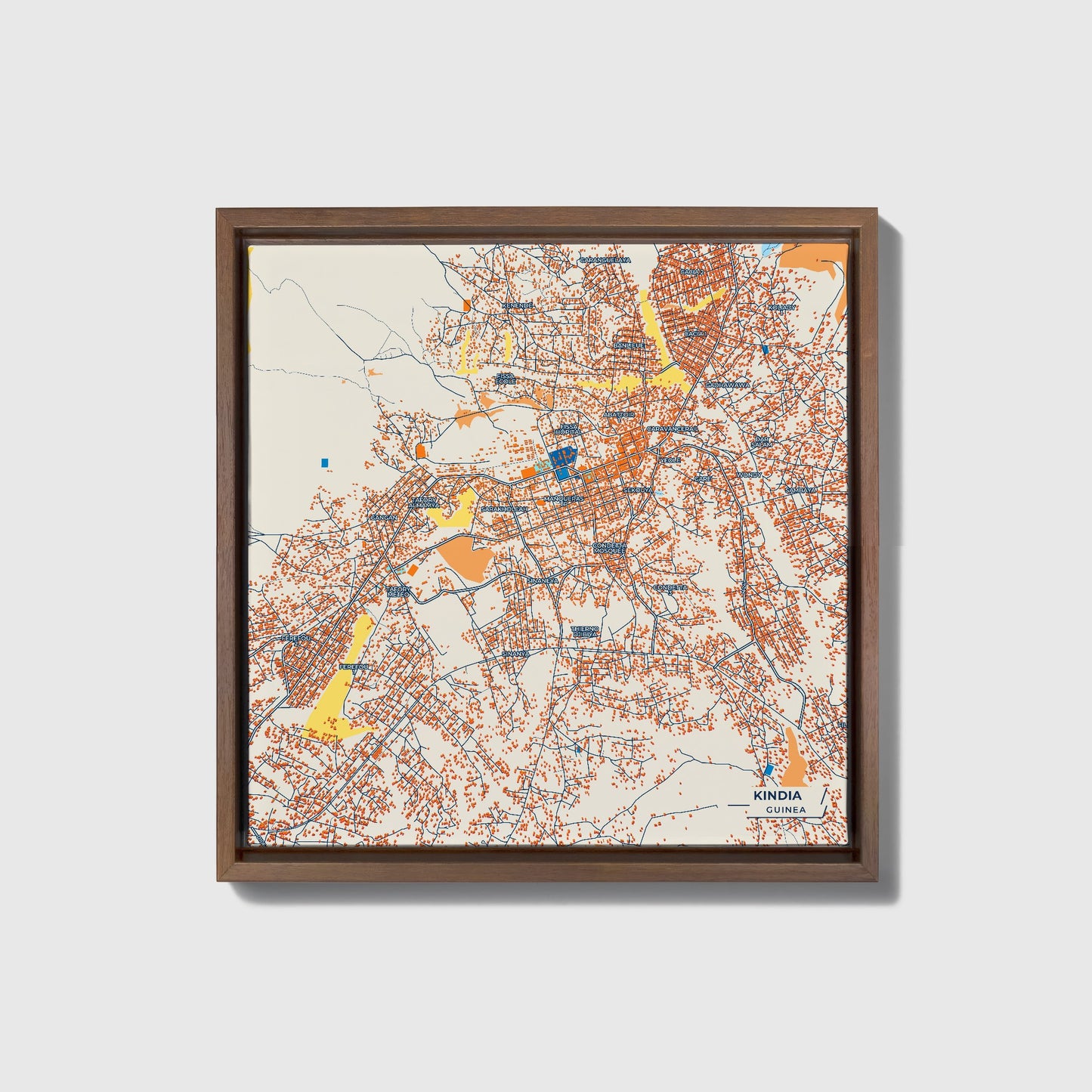 Kindia Guinea Colorful City Map Canvas Print • Dark Wooden Framed