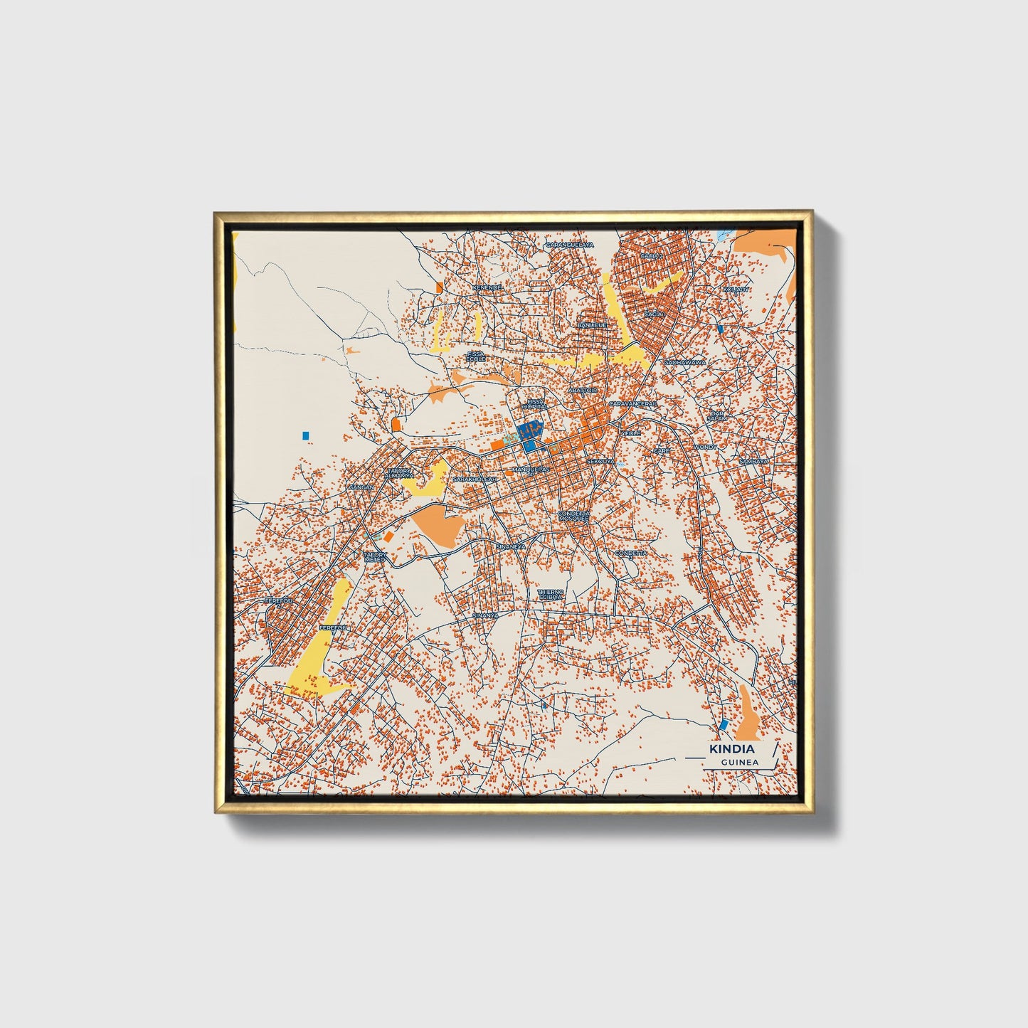 Kindia Guinea Colorful City Map Canvas Print • Gold Framed