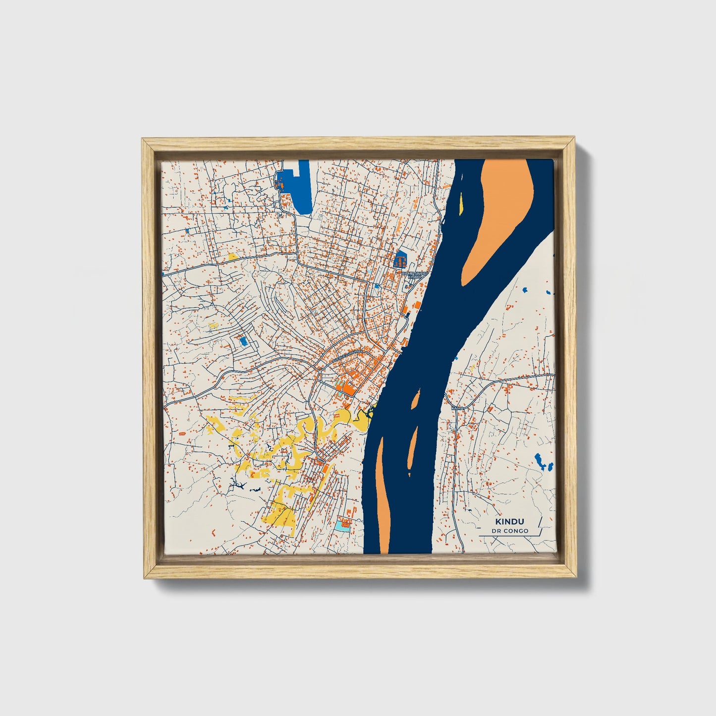 Kindu Dr Congo Colorful City Map Canvas Print • Natural Wooden Framed