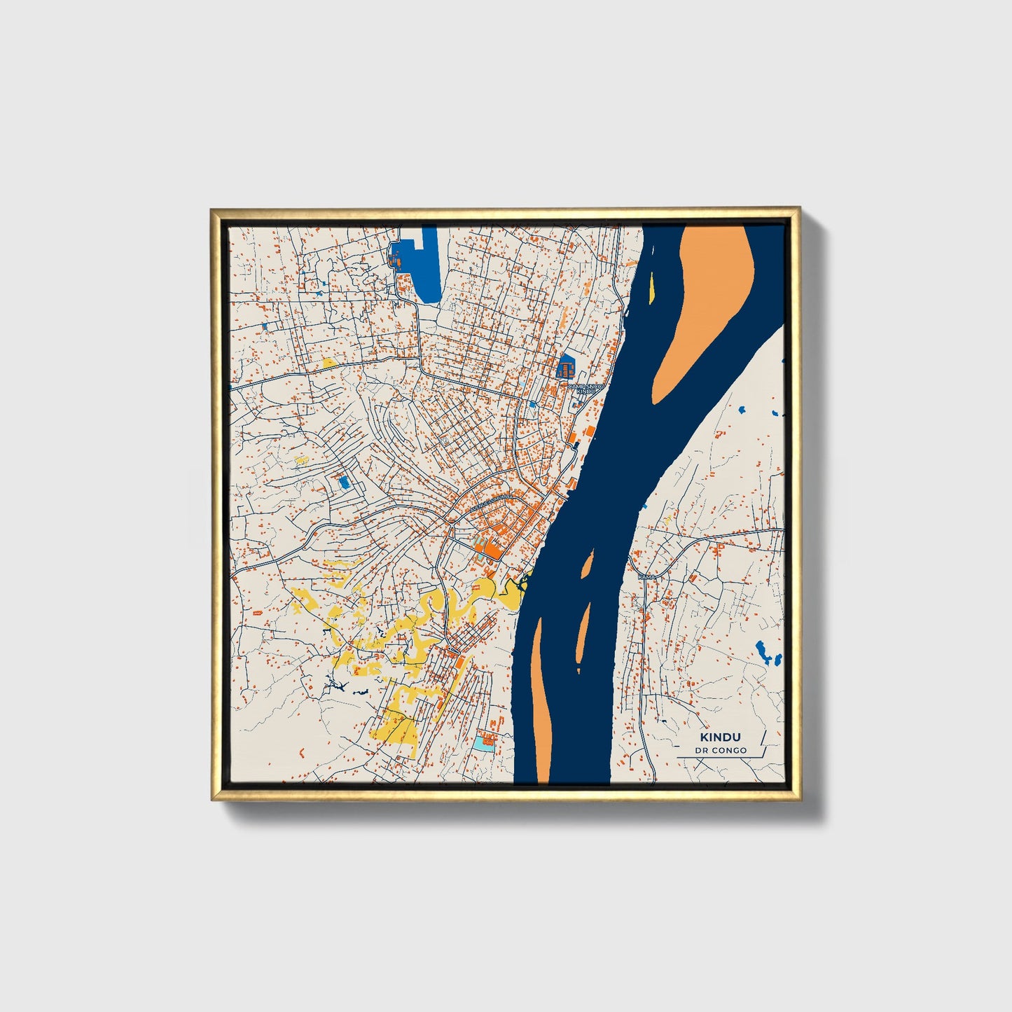 Kindu Dr Congo Colorful City Map Canvas Print • Gold Framed