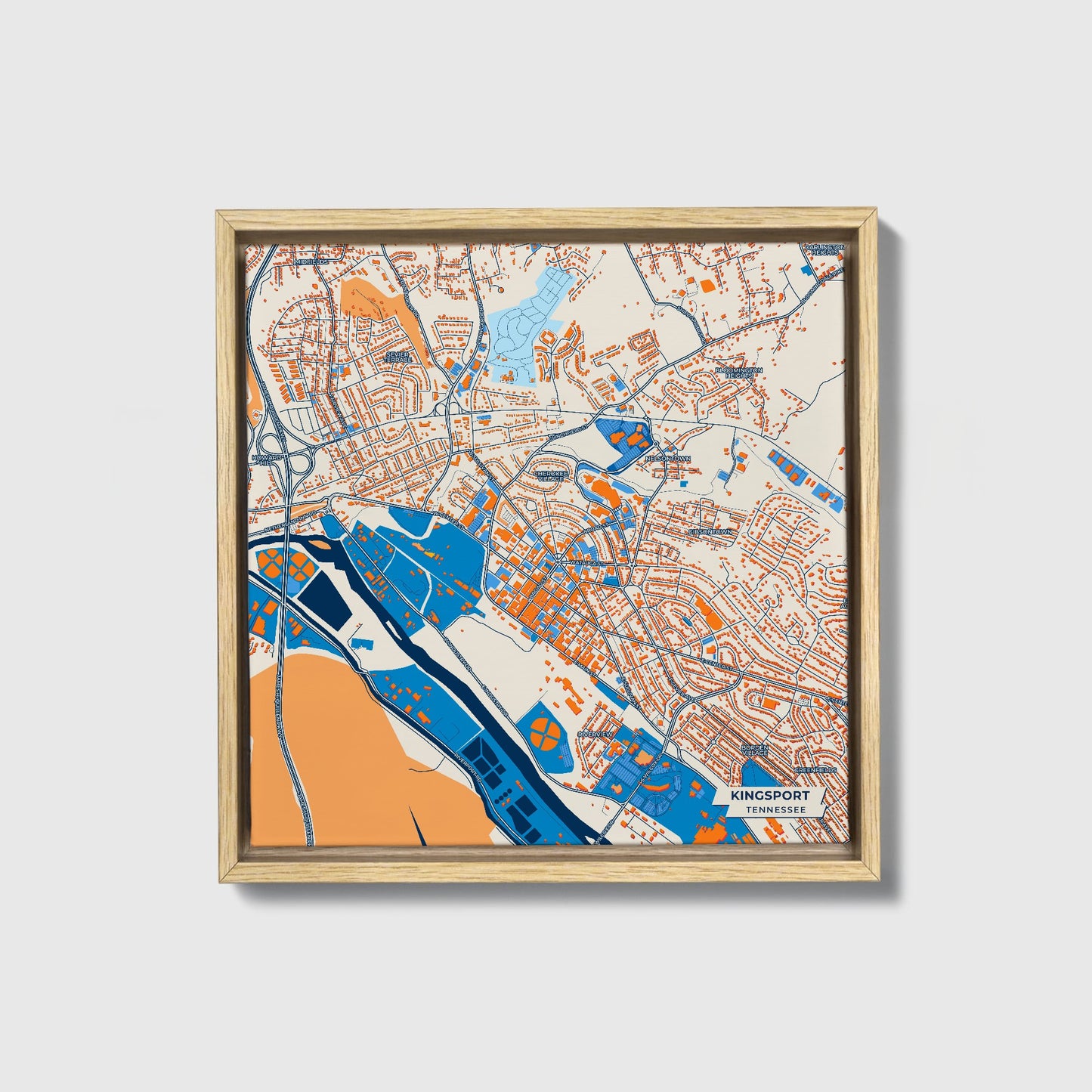 Kingsport Tennessee Colorful City Map Canvas Print • Natural Wooden Framed